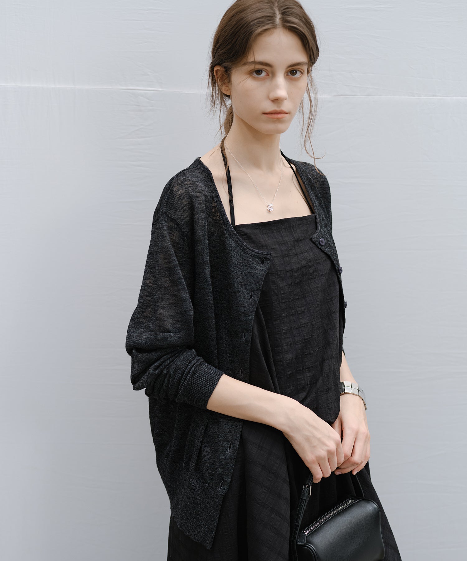 "Ships early March" Sheer Slub Yarn Crewneck Cardigan Set (with Scarf)