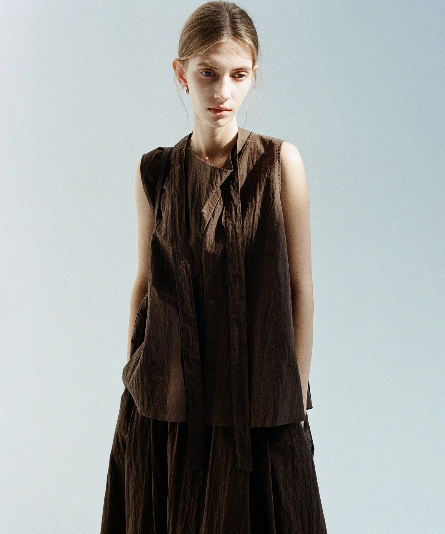 Tie-Neck Sleeveless Textured Blouse
