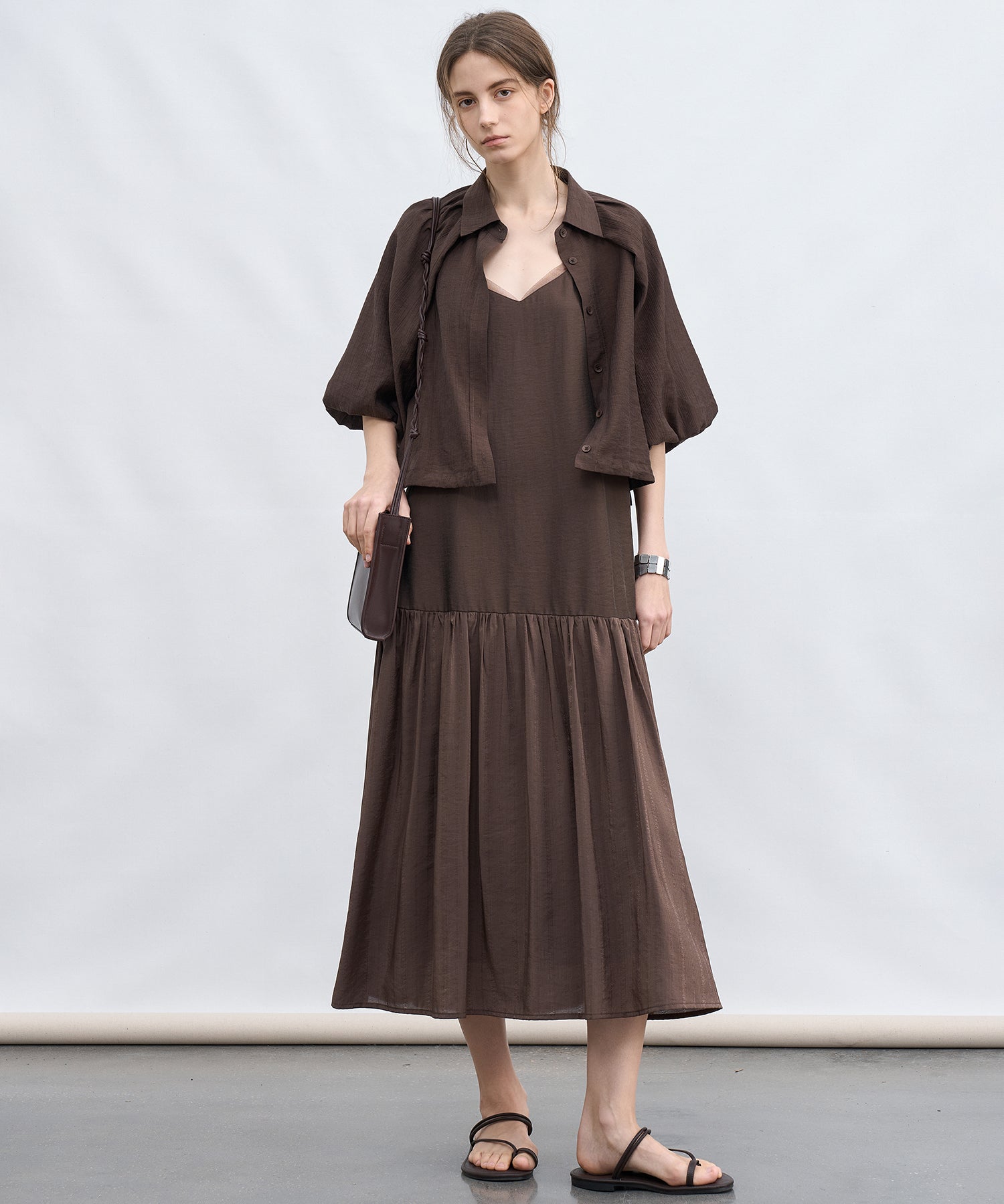 「7月上旬～中旬出荷」Sheer Stripe Balloon Sleeve Cropped Shirt