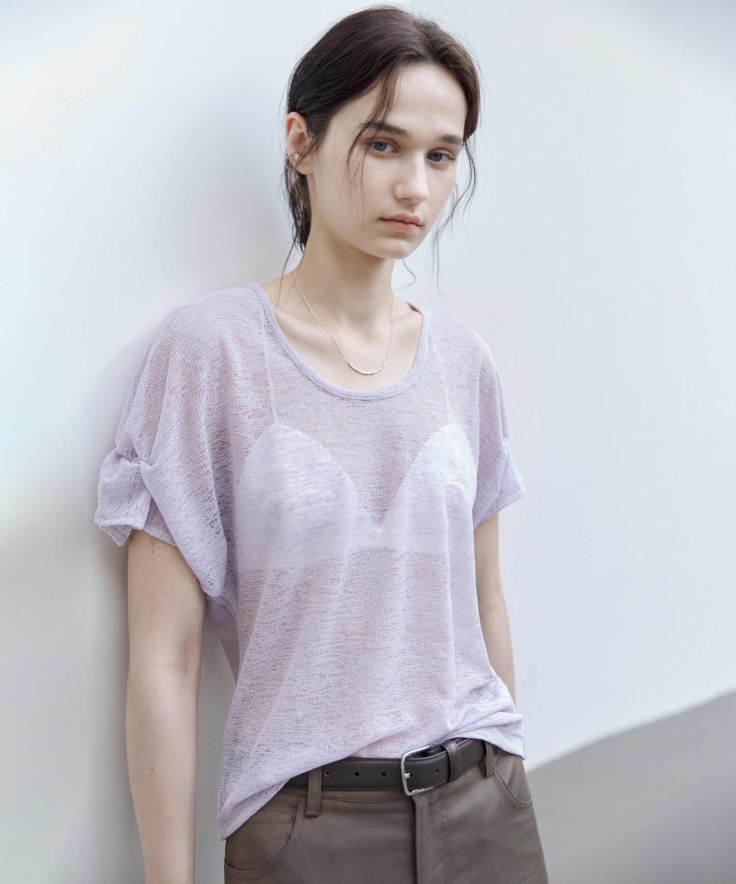 U-Neck Sheer T-Shirt with Design Cuff Detail