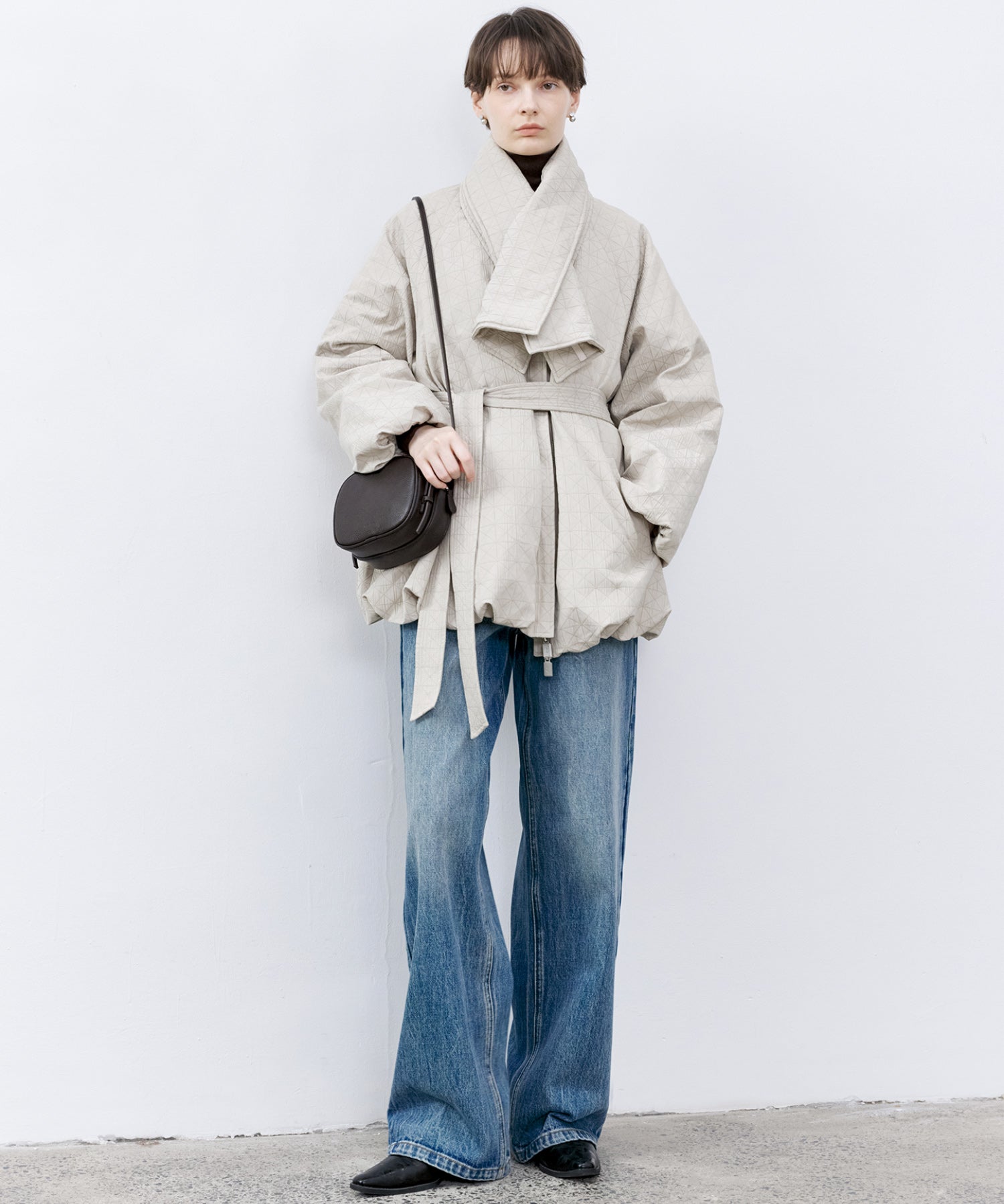 Diamond Jacquard Quilted Down Coat – Belt &amp; Scarf Set