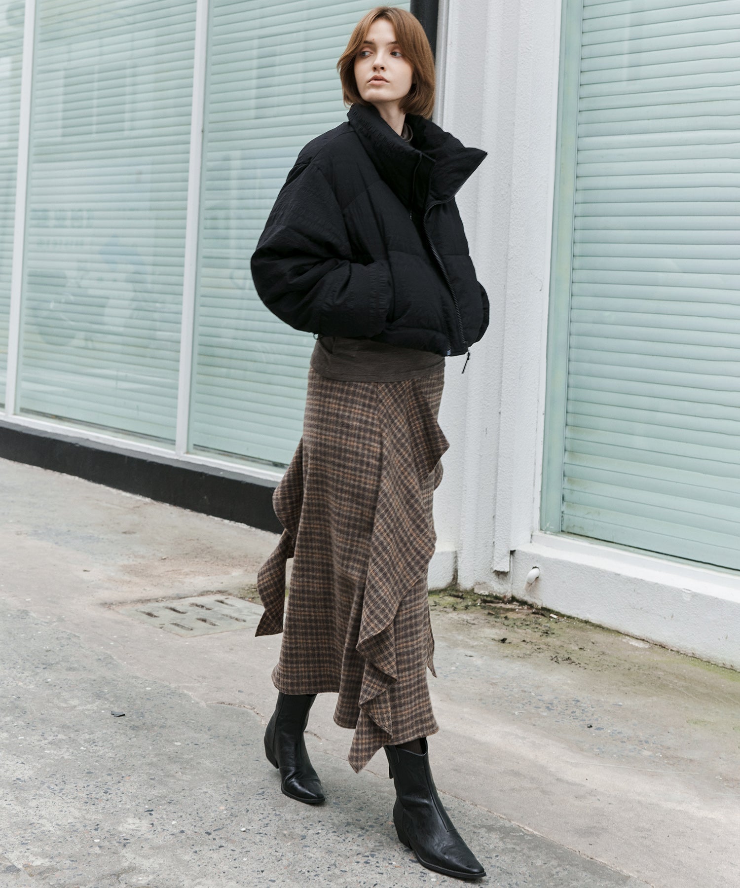 Wool Blend Irregular Flake Detail Yarn-Dyed Vintage Check Brushed A-Line Midi Skirt