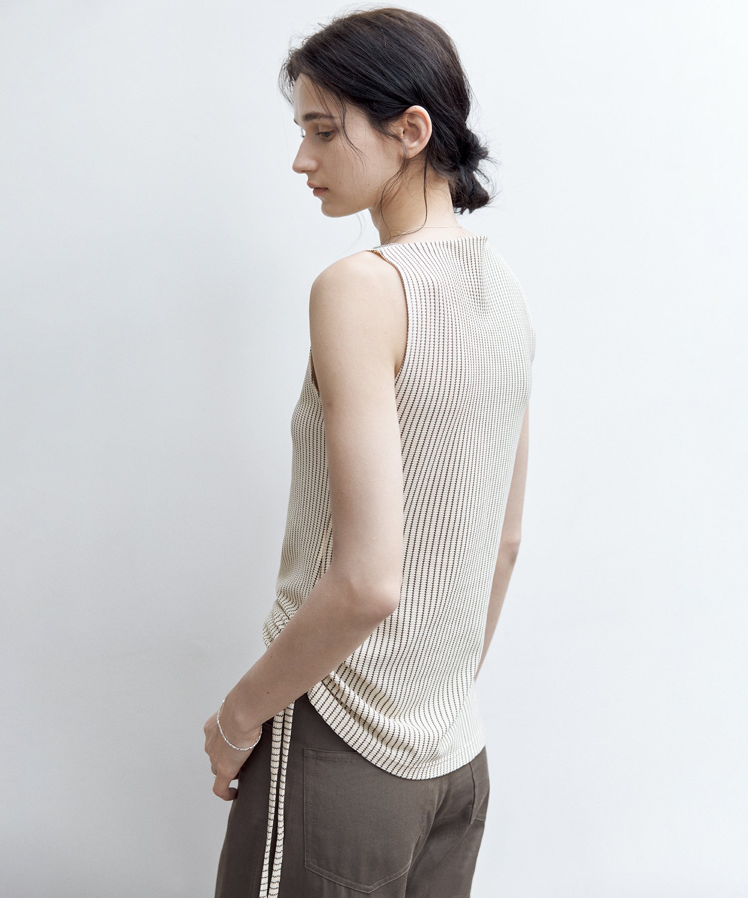Striped Sleeveless Top with Adjustable Hem &amp; Boat Neck