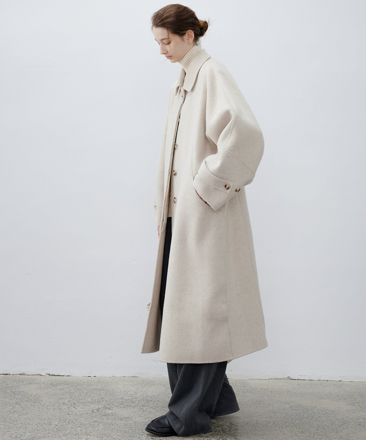 Double-Face Wool Cocoon Coat with Batwing Sleeves