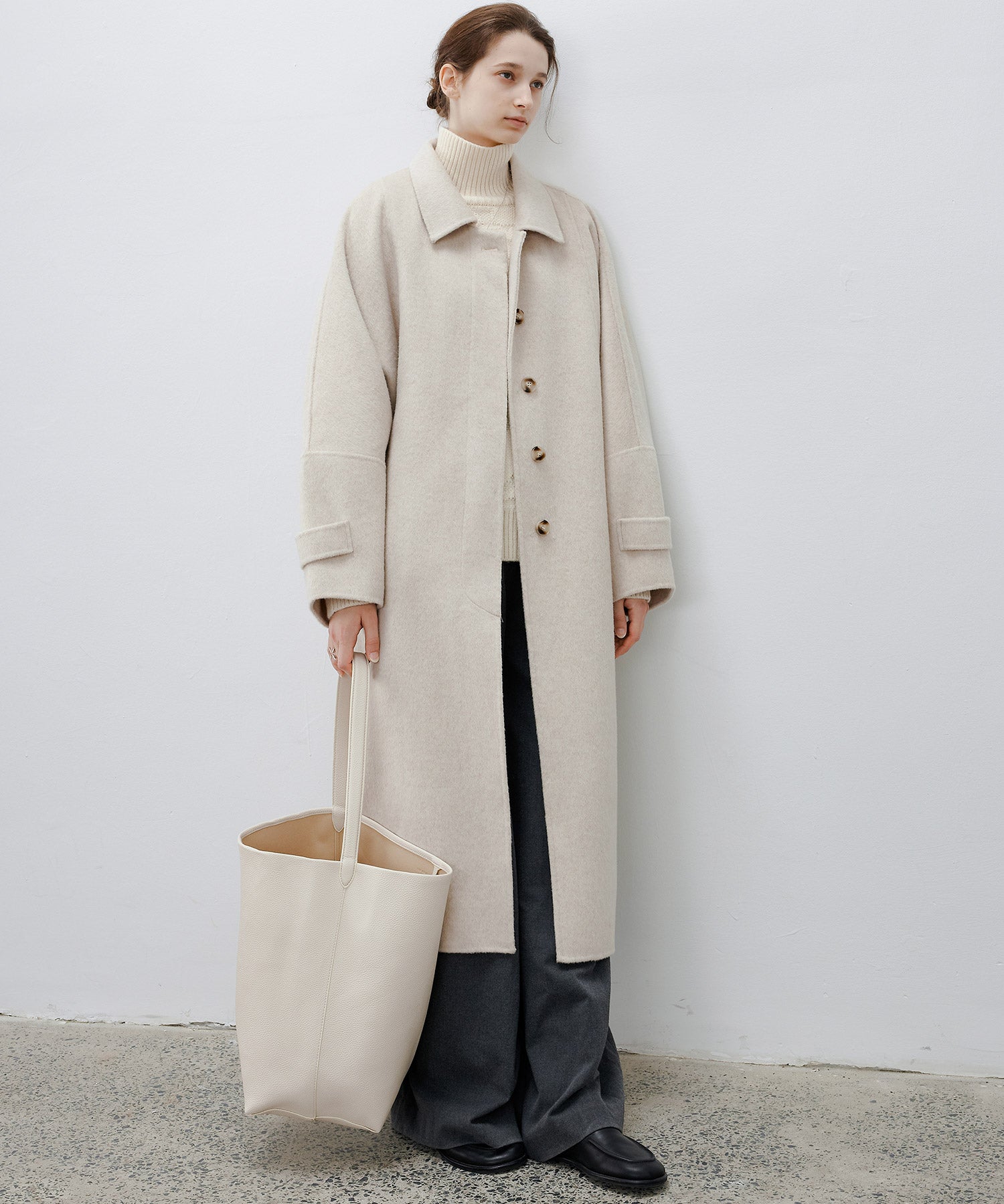 Double-Face Wool Cocoon Coat with Batwing Sleeves