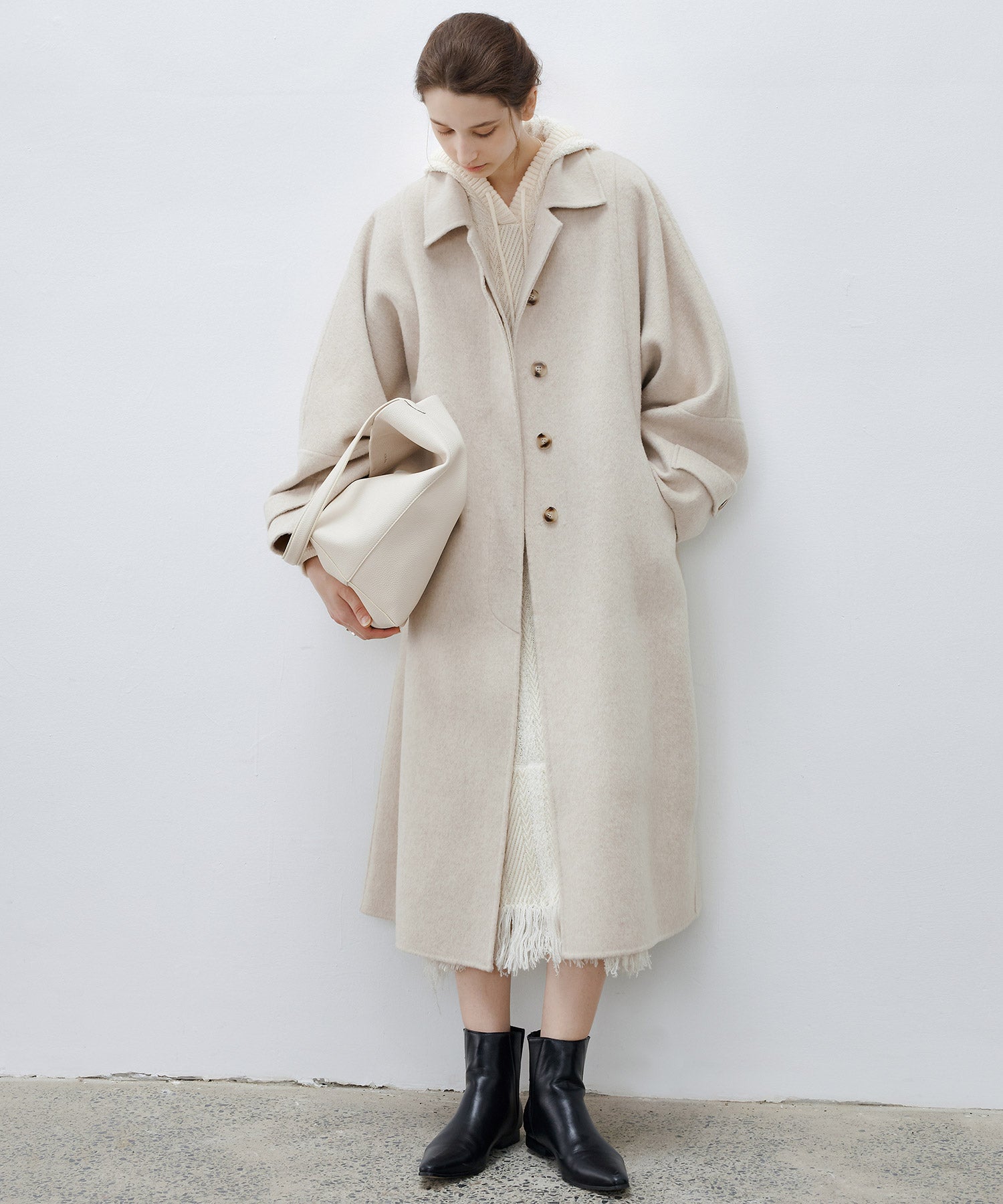 Double-Face Wool Cocoon Coat with Batwing Sleeves