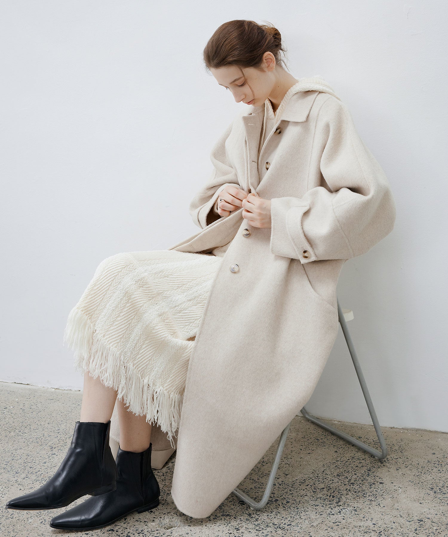 Double-Face Wool Cocoon Coat with Batwing Sleeves