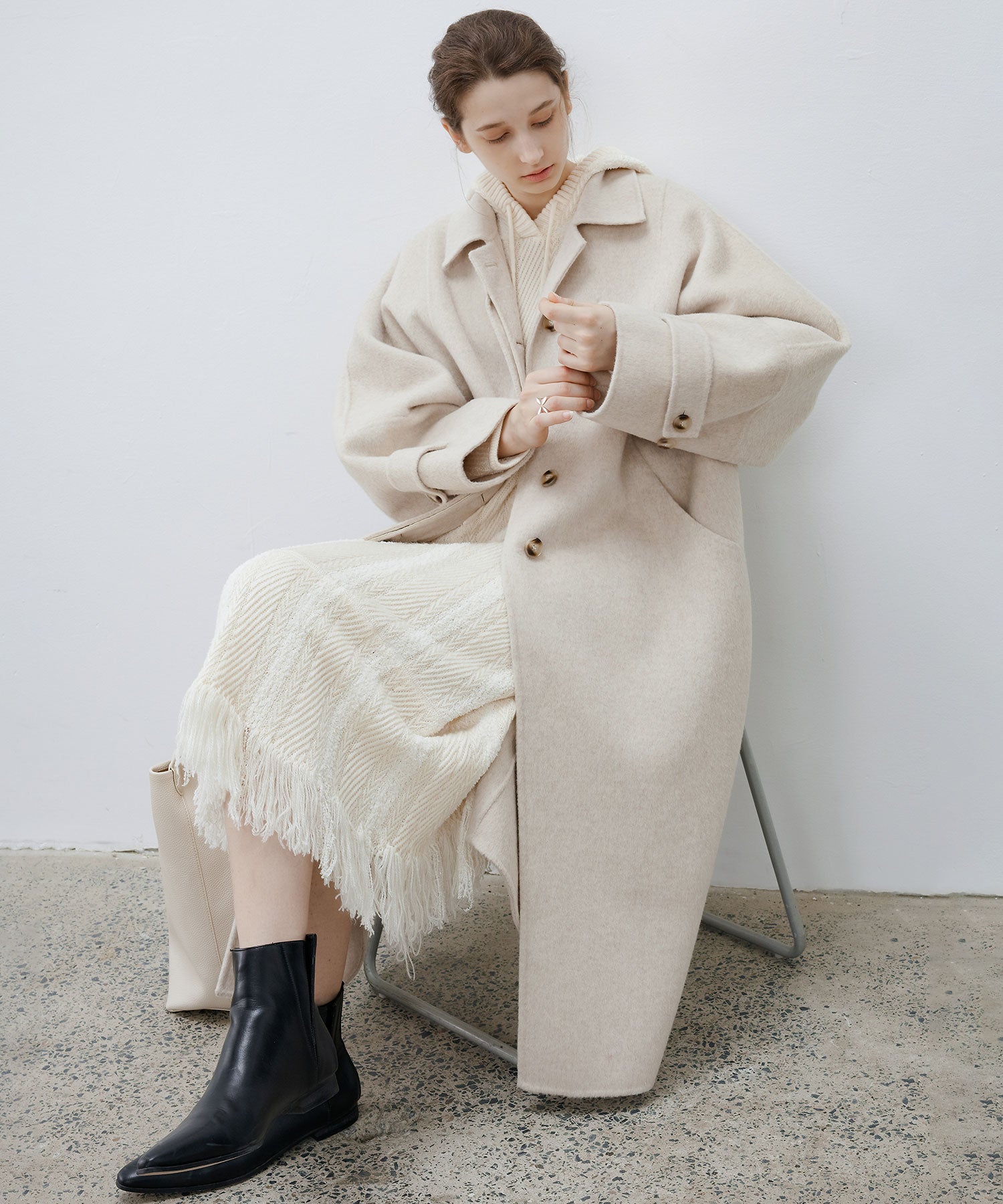 Double-Face Wool Cocoon Coat with Batwing Sleeves