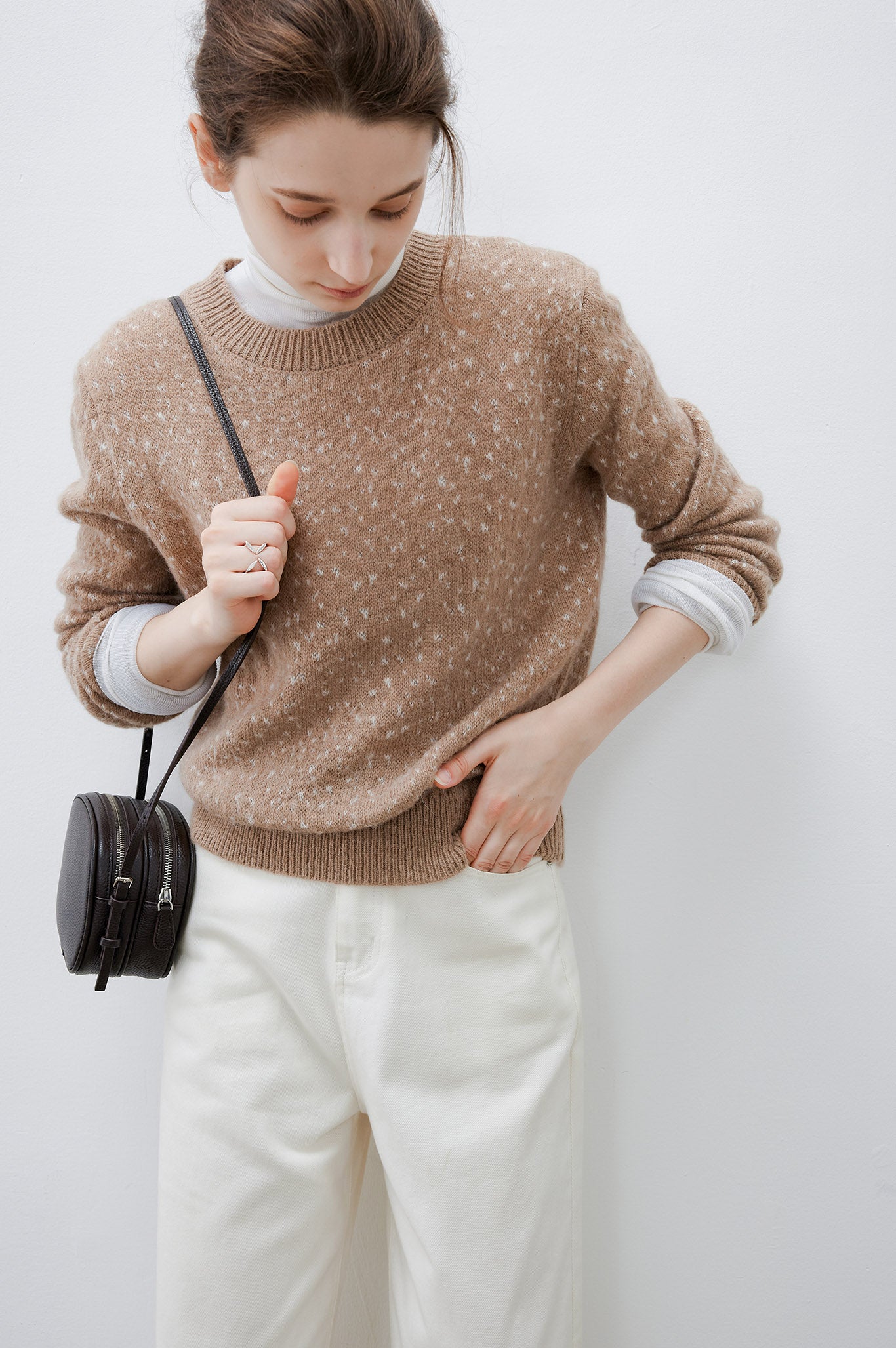 Wool blend jacquard crew neck knit