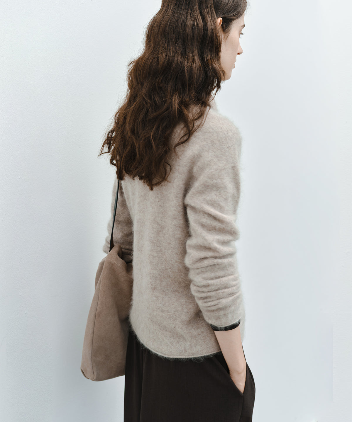 Brushed Cashmere-Blend High Neck Knit Cardigan