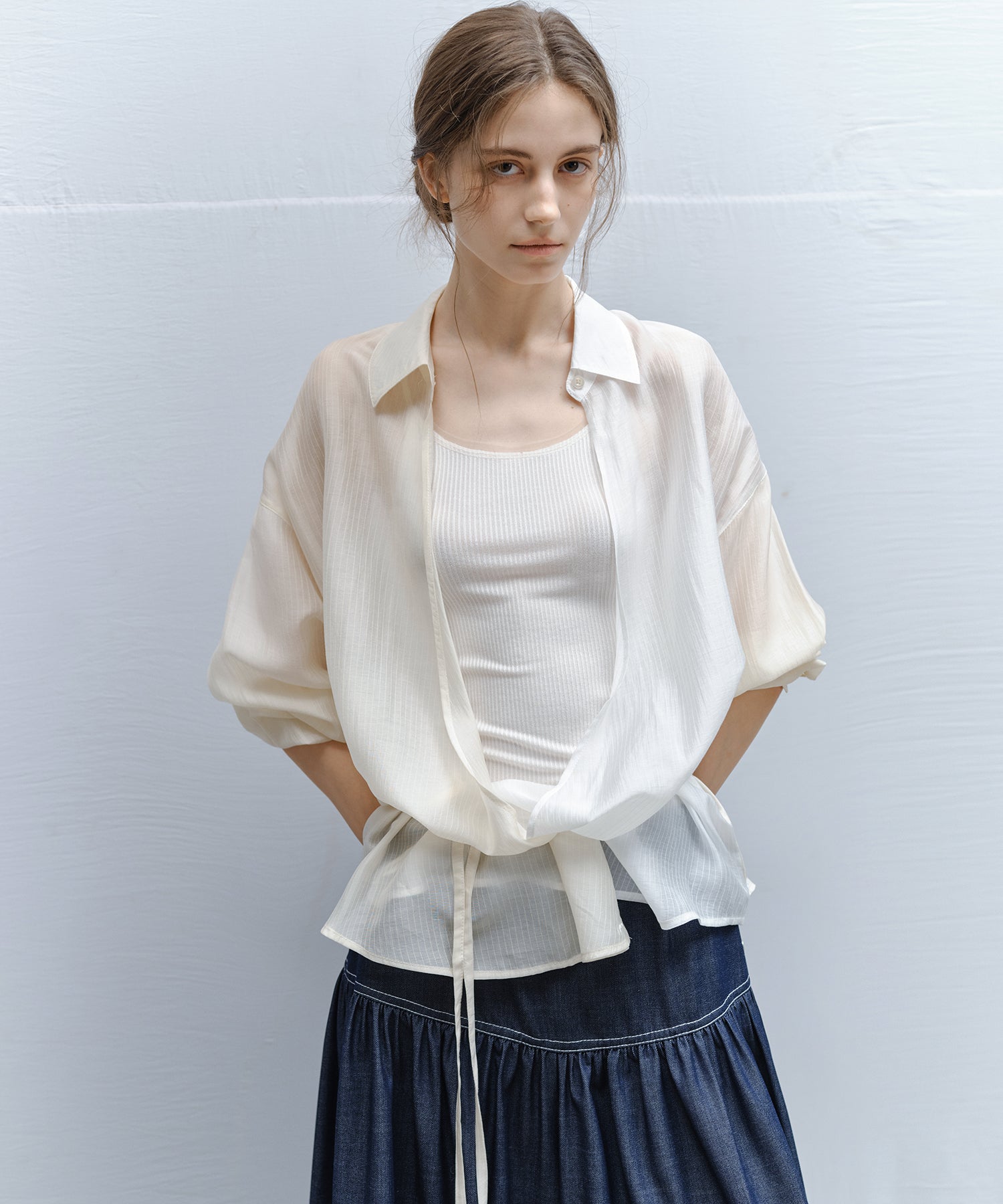 Bi-color Asymmetric Neck Sheer Shirt