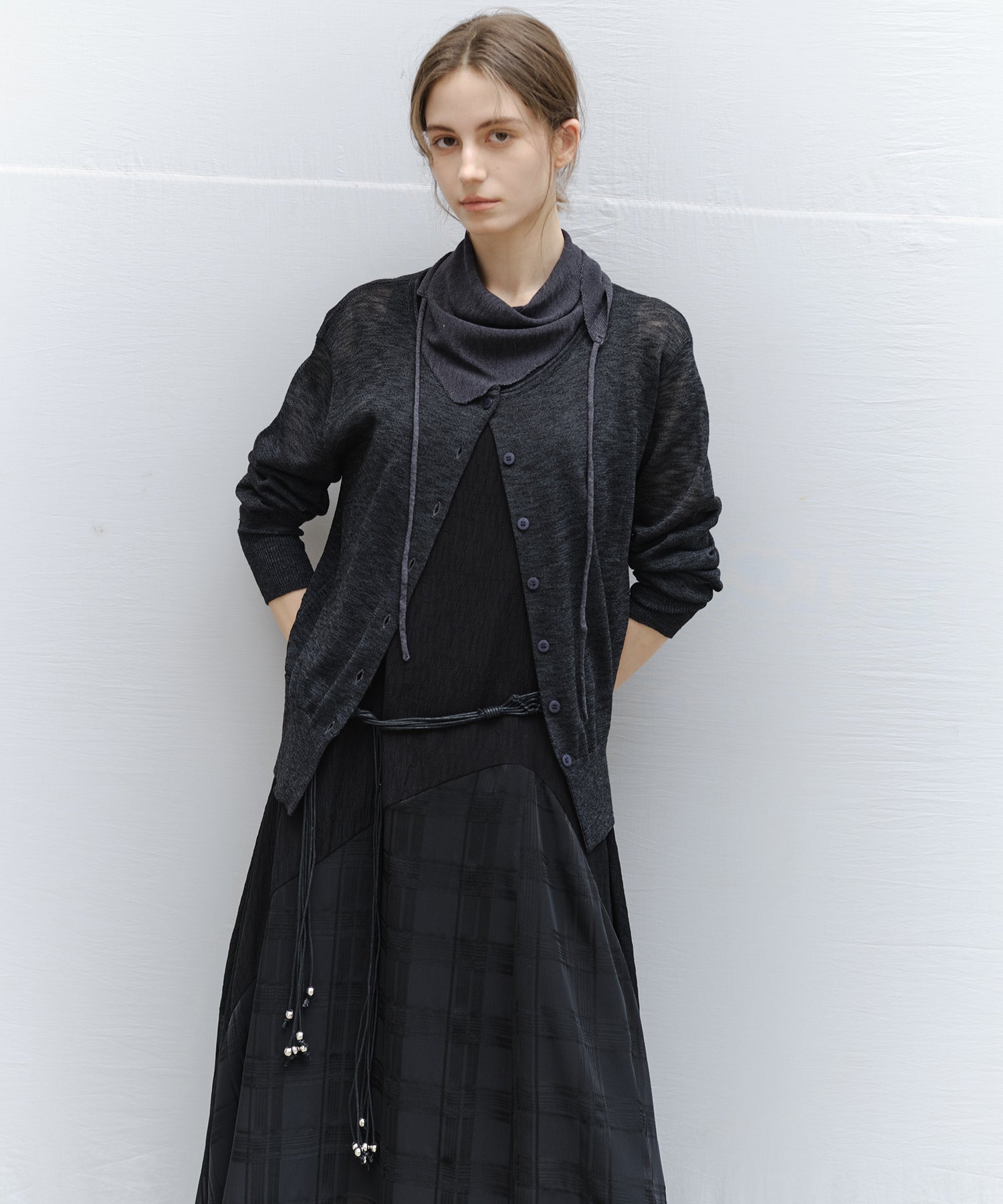 "Ships early March" Sheer Slub Yarn Crewneck Cardigan Set (with Scarf)