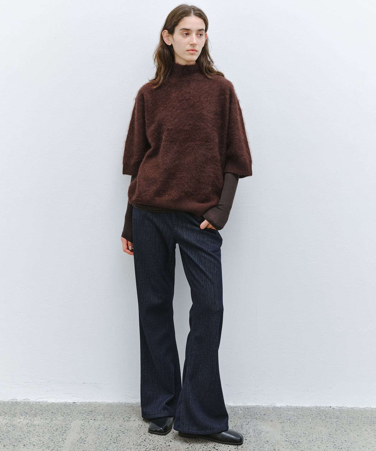 「10月下旬出荷予定」Brushed Cashmere-Blend Half Sleeve Knit Top