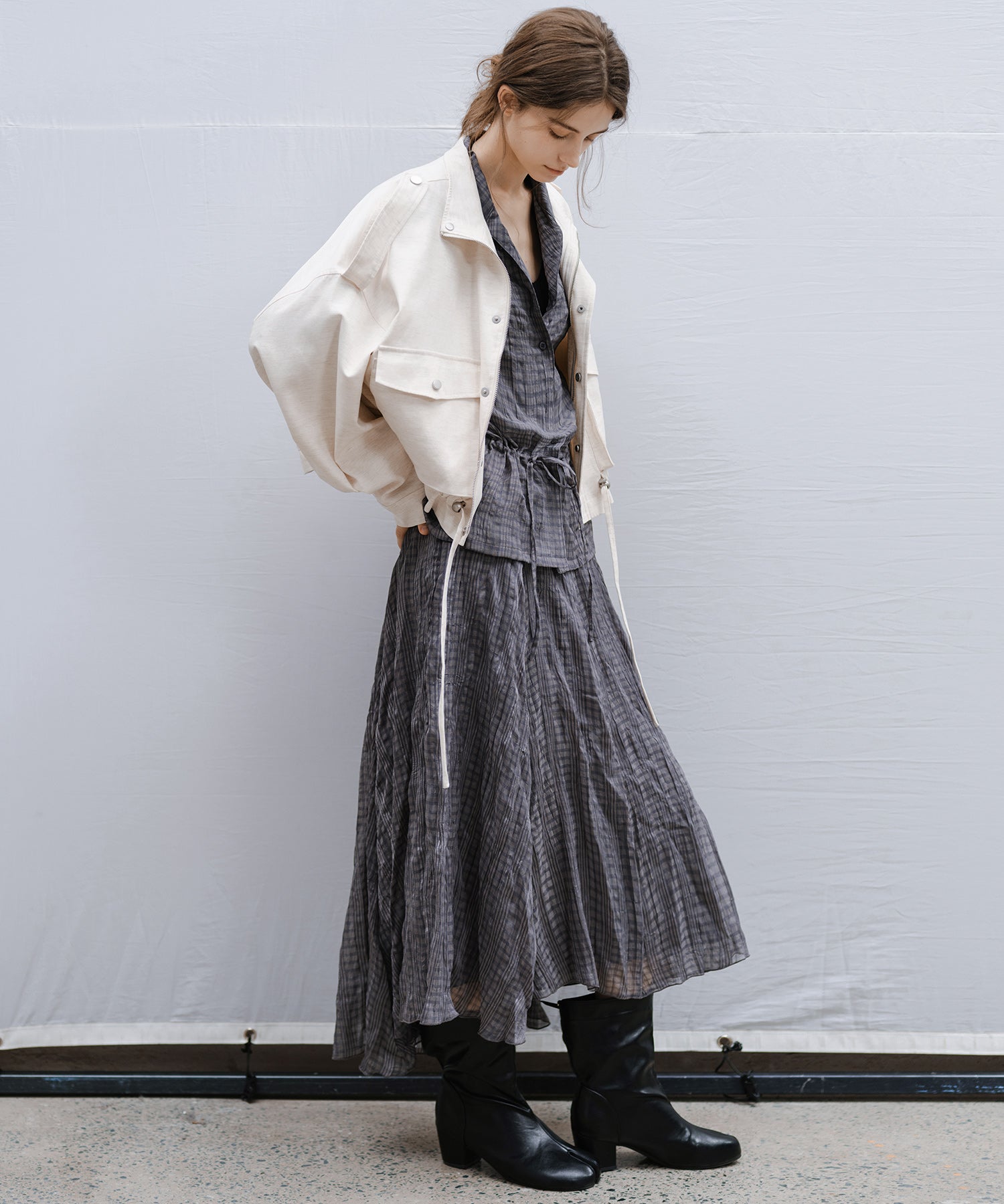 "Shipping late February to early March" Stand Collar Check Drawstring Jacket