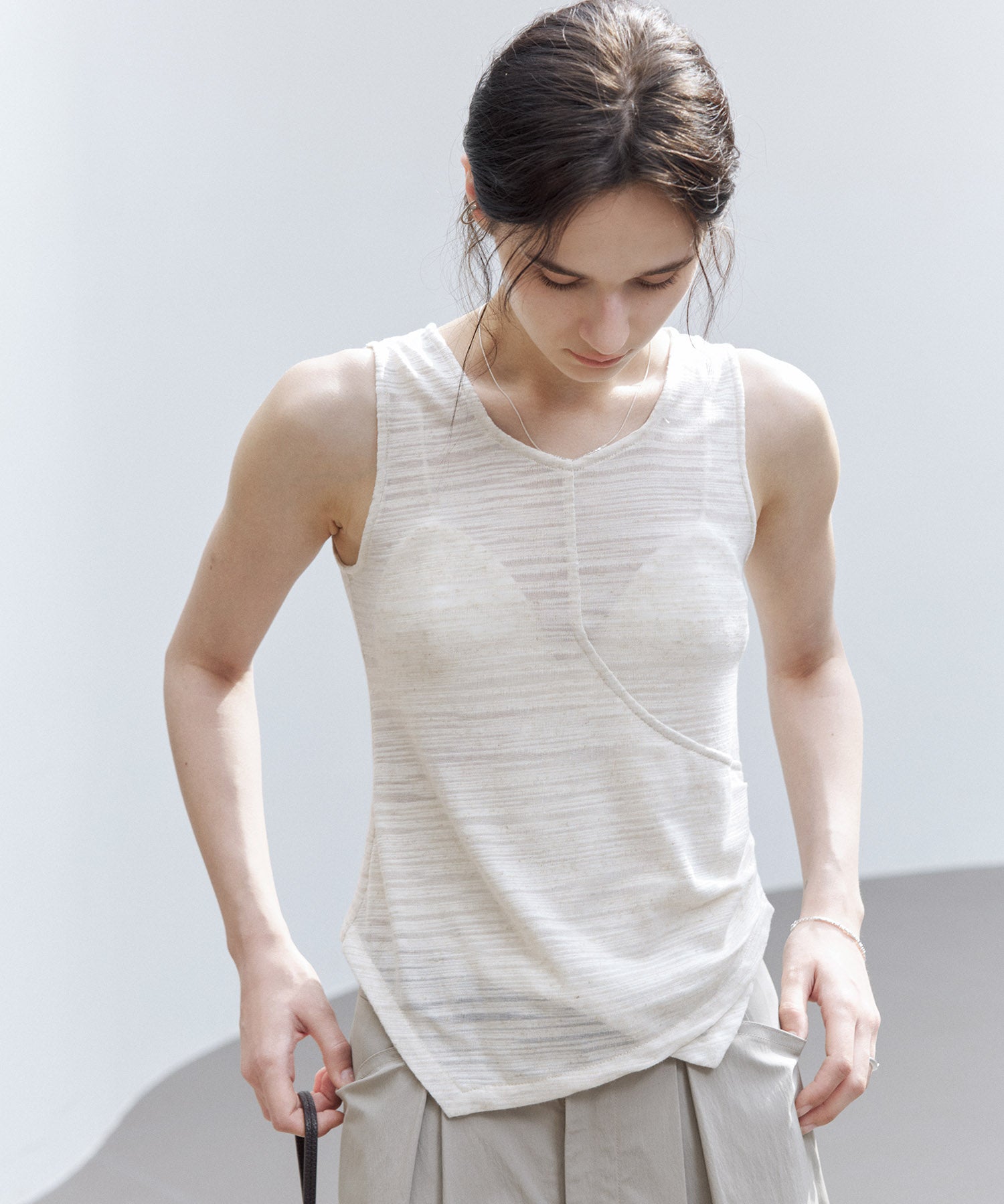 Asymmetric Gather Linen Blend Tank Top