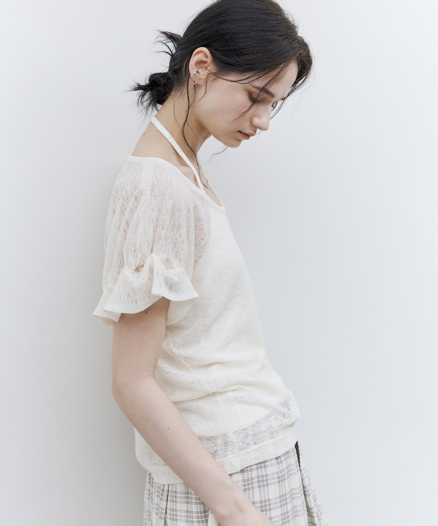 Sheer Gathered Sleeve T-Shirt