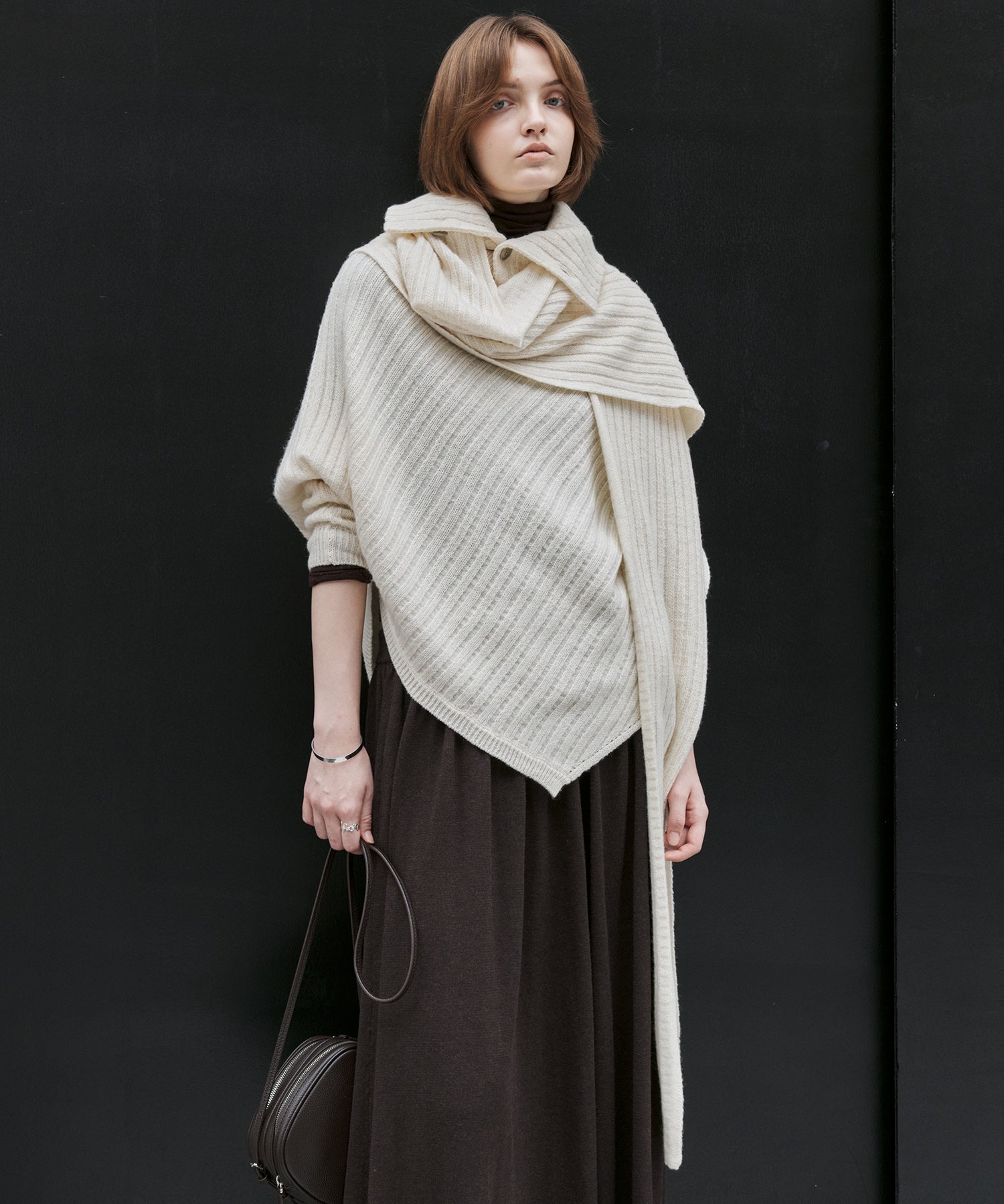 Asymmetric High-Neck Textured Knit Poncho Scarf