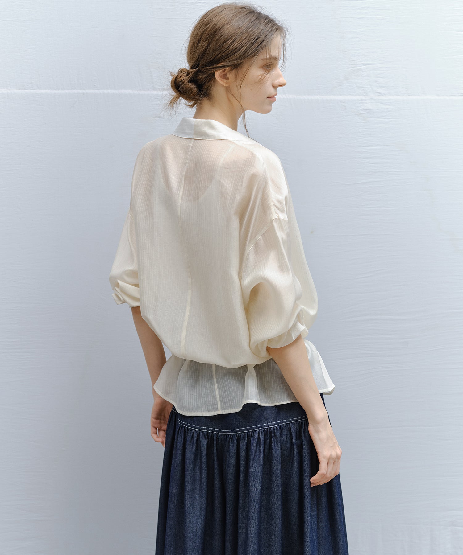 Bi-color Asymmetric Neck Sheer Shirt