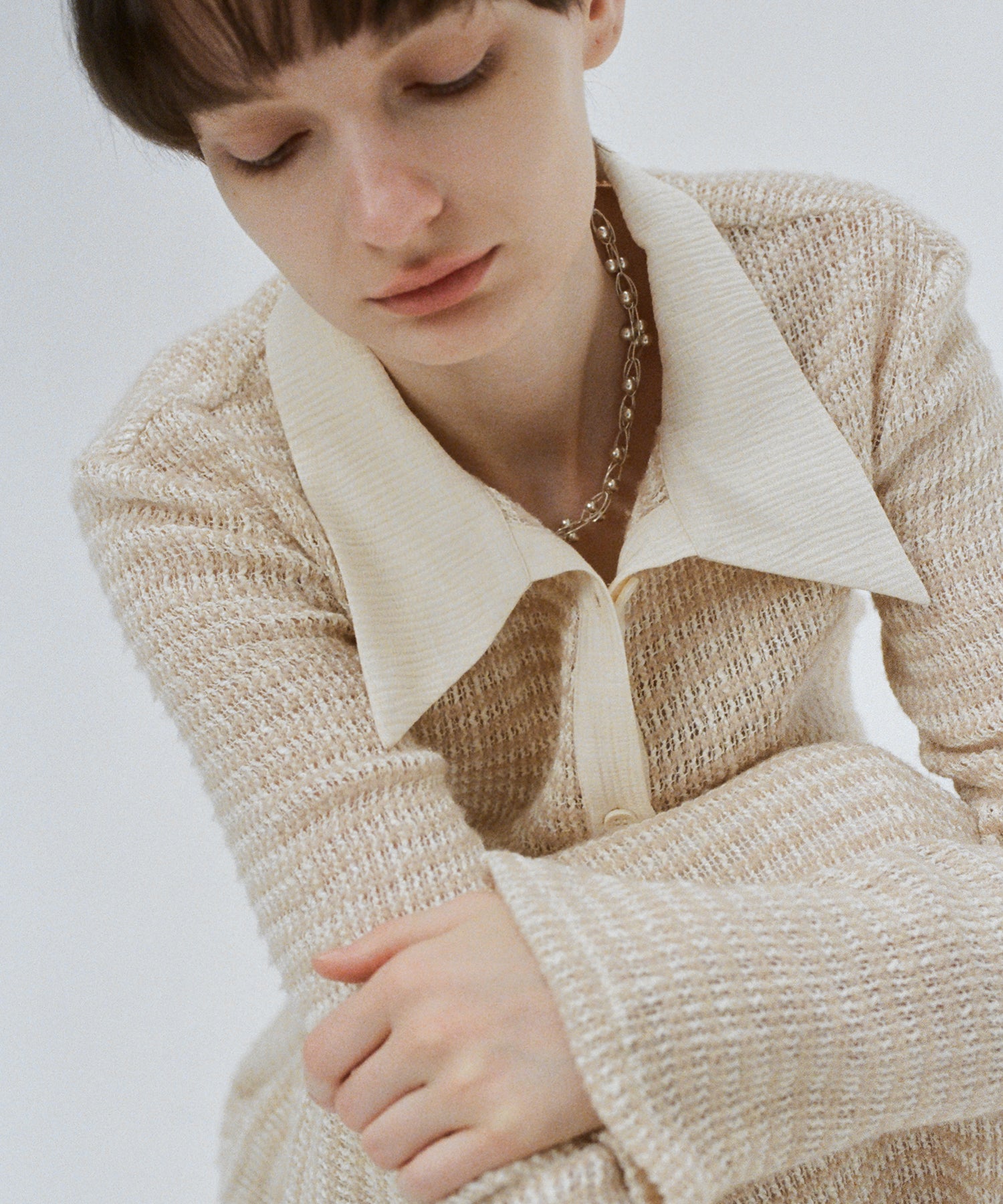 Two-Tone Openwork Knit Shirt Blouse