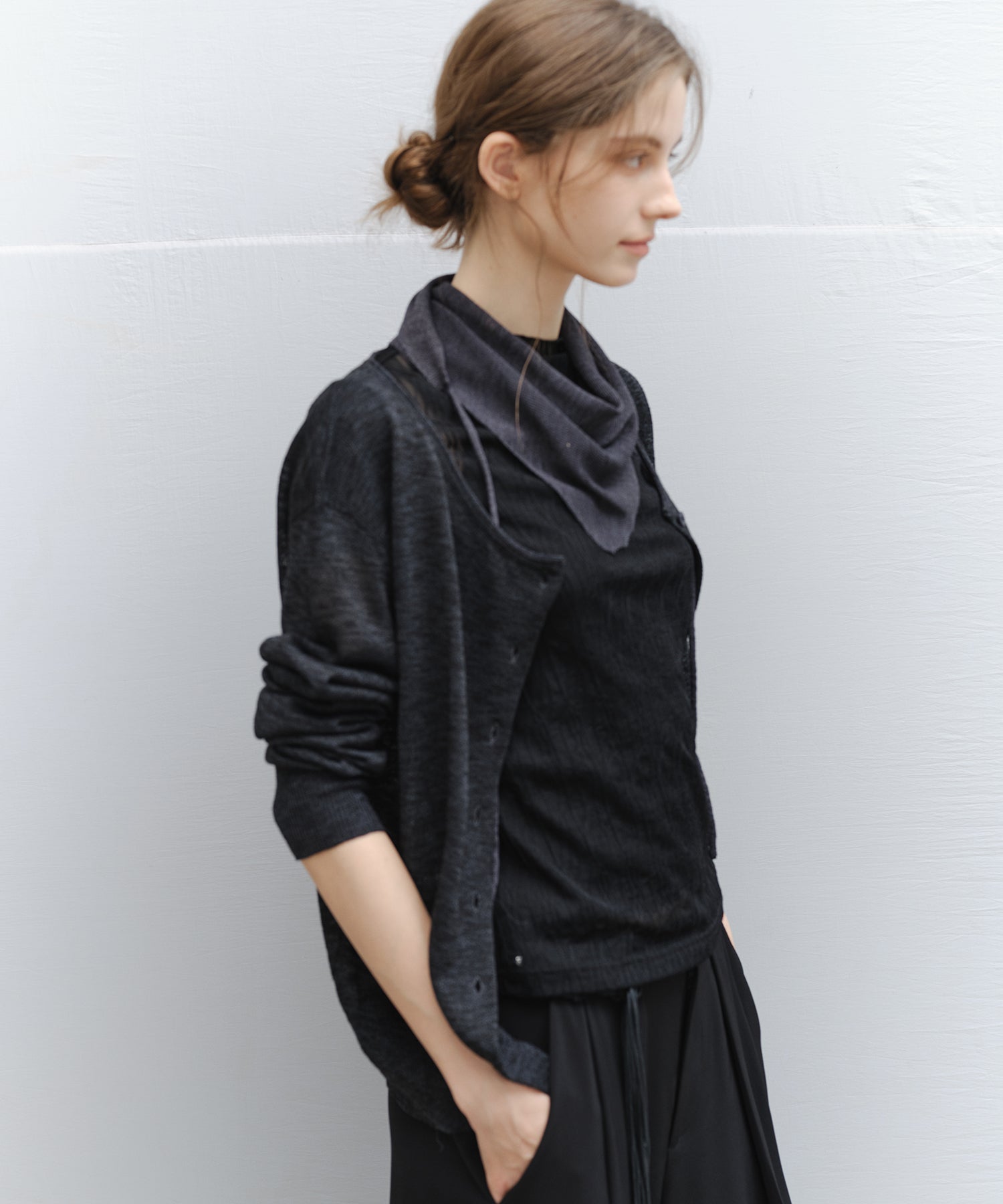 "Ships early March" Sheer Slub Yarn Crewneck Cardigan Set (with Scarf)