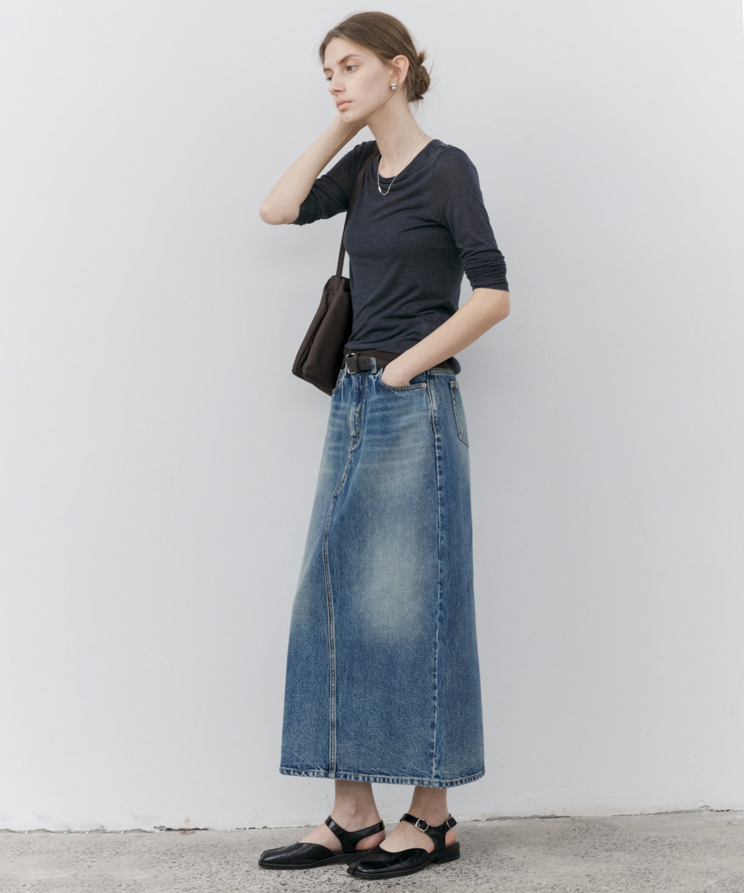 デニムロングスカート Used Wash I-Line Denim Long Skirt