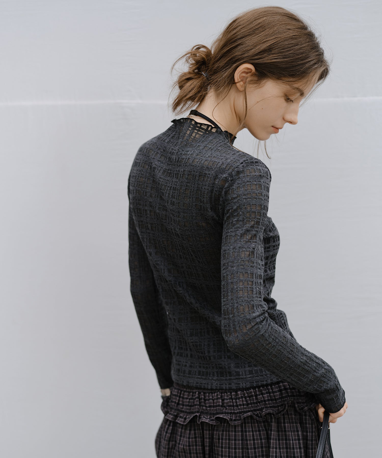 "Shipping from early to mid-March" Check Pattern Sheer Mesh Long Sleeve Top