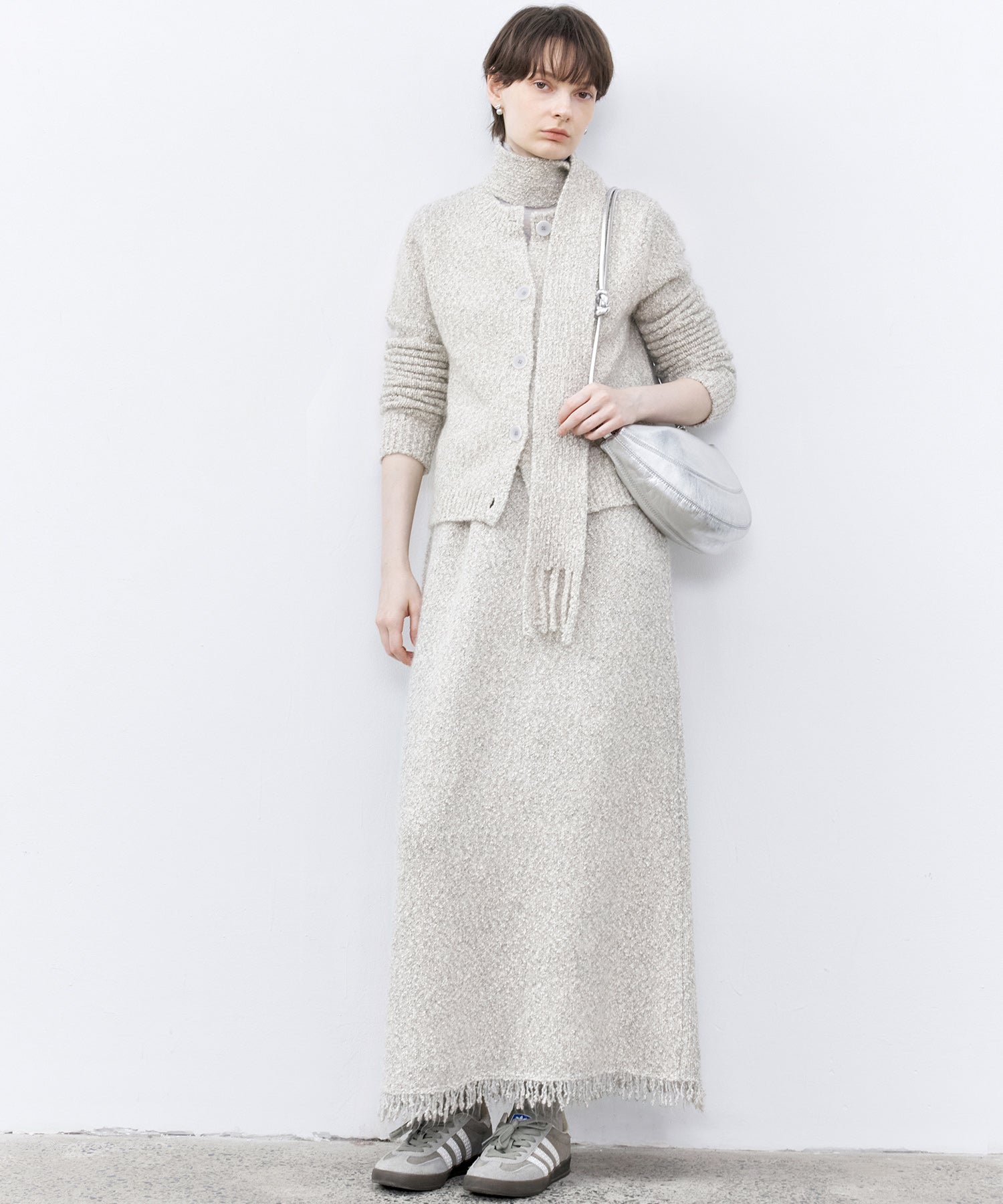 Fringe Accent Textured Knit Skirt – Tweed-Like A-Line