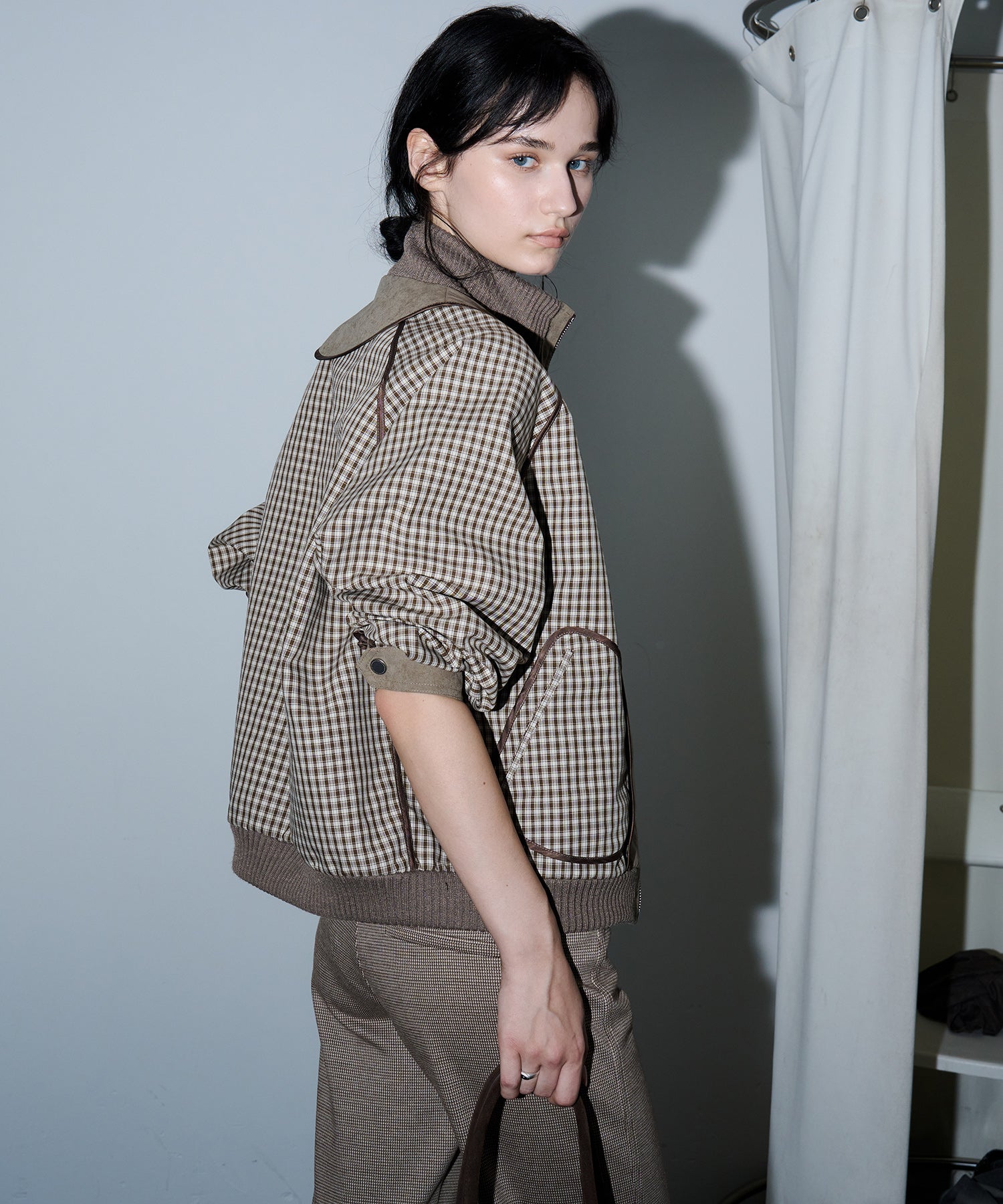 Reverse-Look Oversized Cropped Check Short Jacket