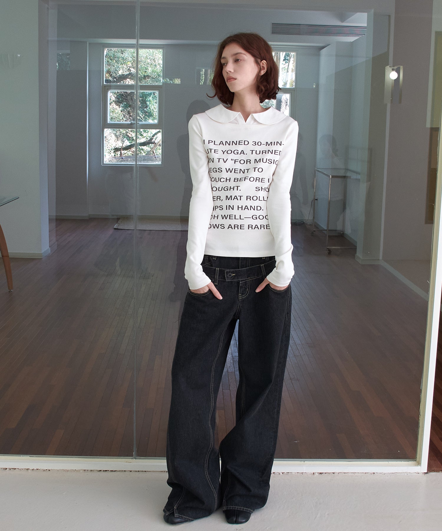 Layered-Look Shirt Collar Slogan Print Slim-Fit Base T-Shirt