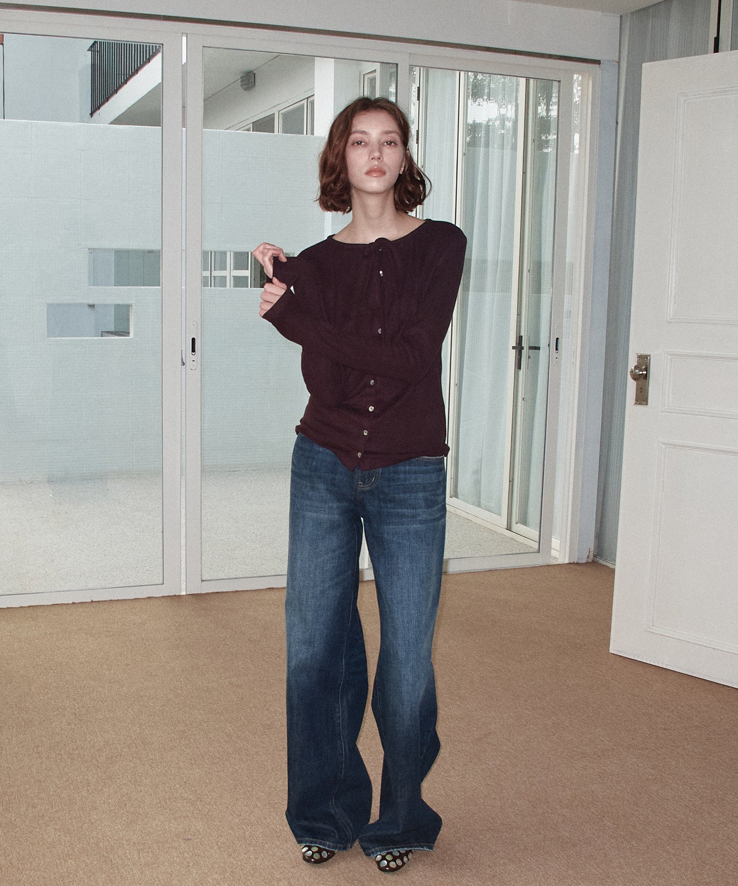 Ribbon Lace-Up Neck Ribbed Cardigan-Style Top