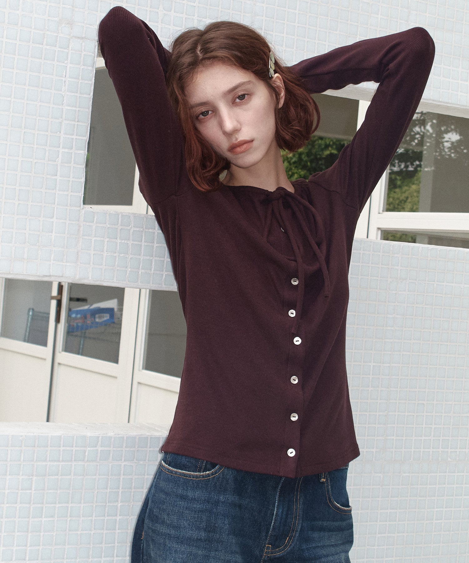 Ribbon Lace-Up Neck Ribbed Cardigan-Style Top