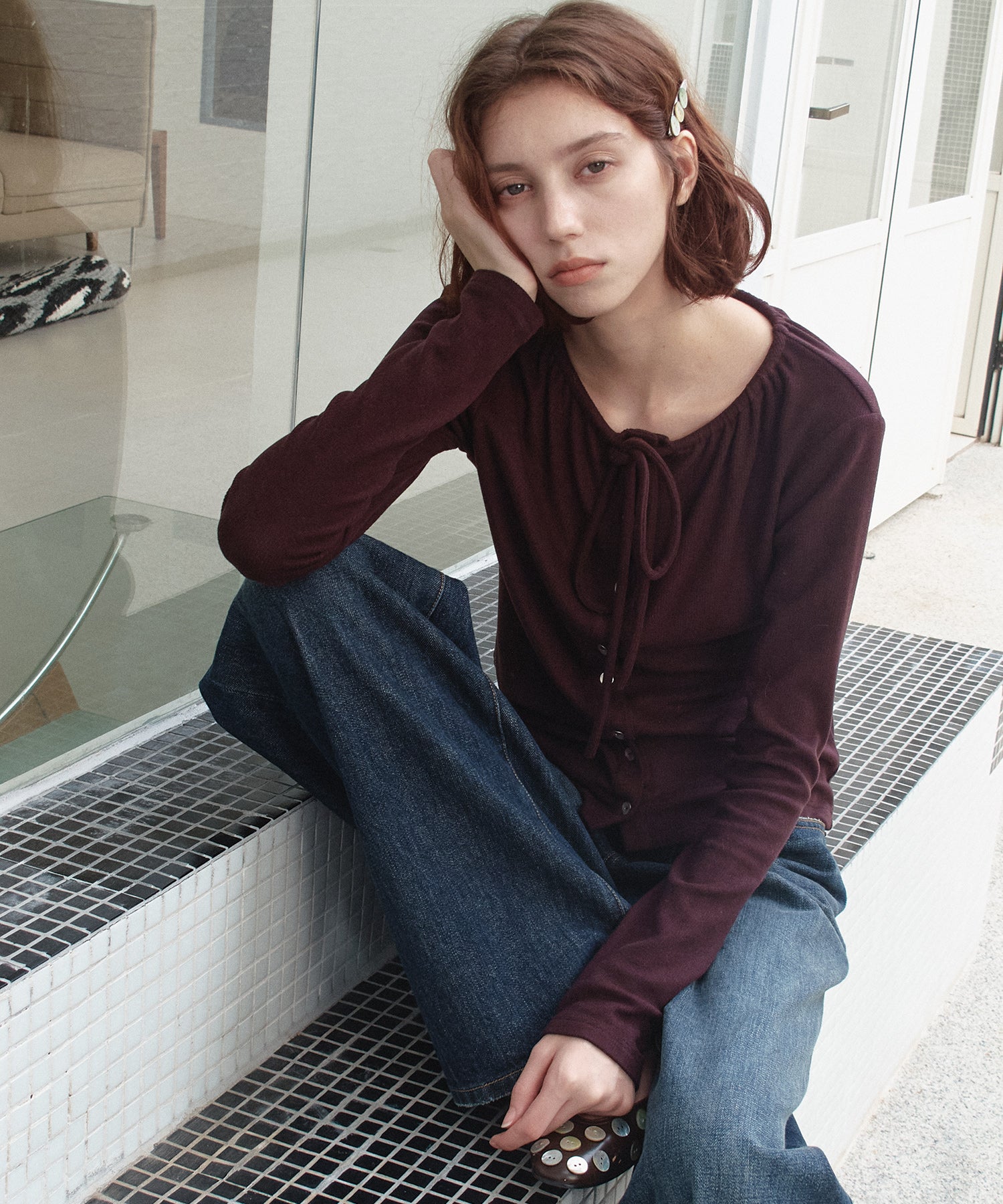 Ribbon Lace-Up Neck Ribbed Cardigan-Style Top