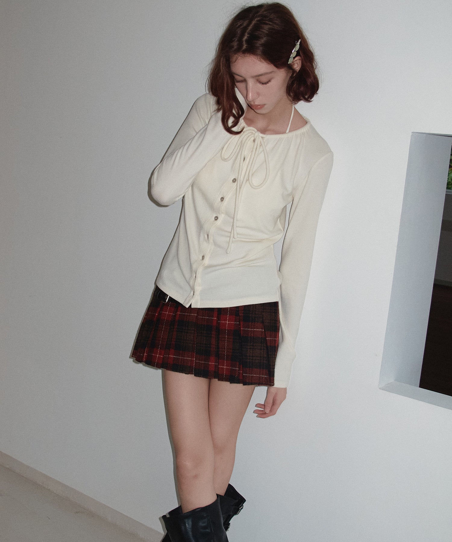 Ribbon Lace-Up Neck Ribbed Cardigan-Style Top