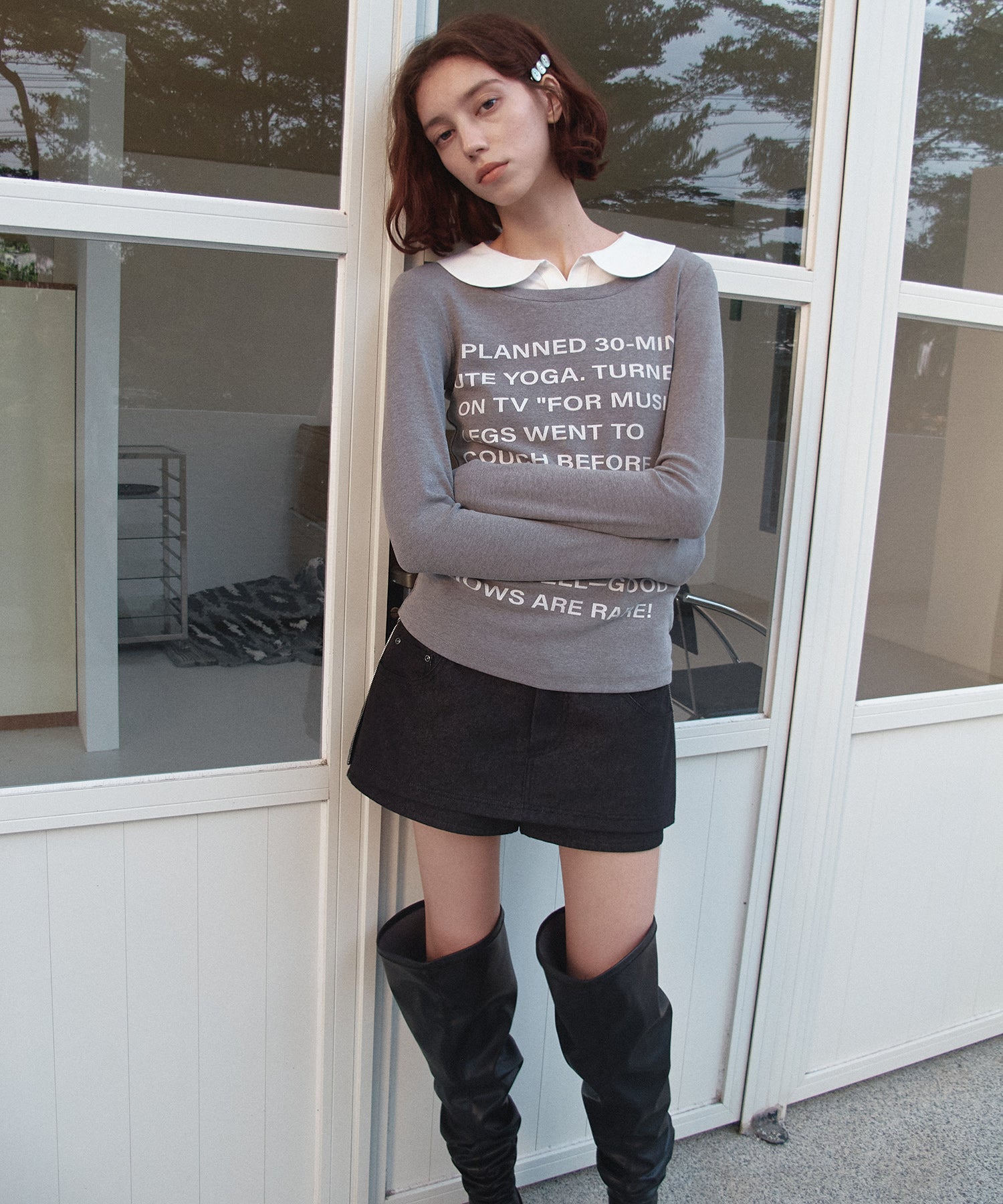 Layered-Look Shirt Collar Slogan Print Slim-Fit Base T-Shirt