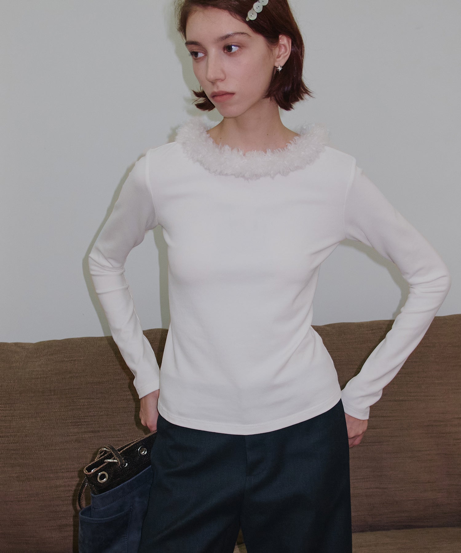 Detachable Fur Collar Stretchy Cloud-Soft Top