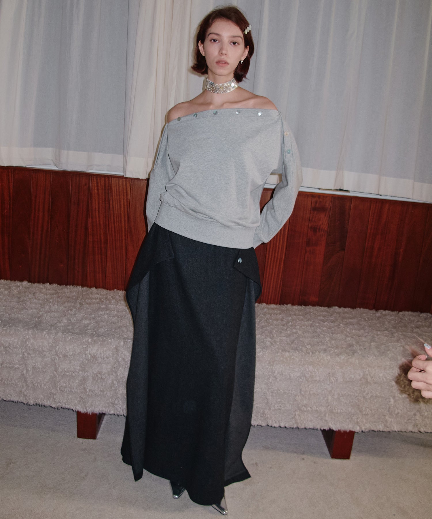 Adjustable Neck Shell Button Batwing Sleeve Lightweight Sweatshirt