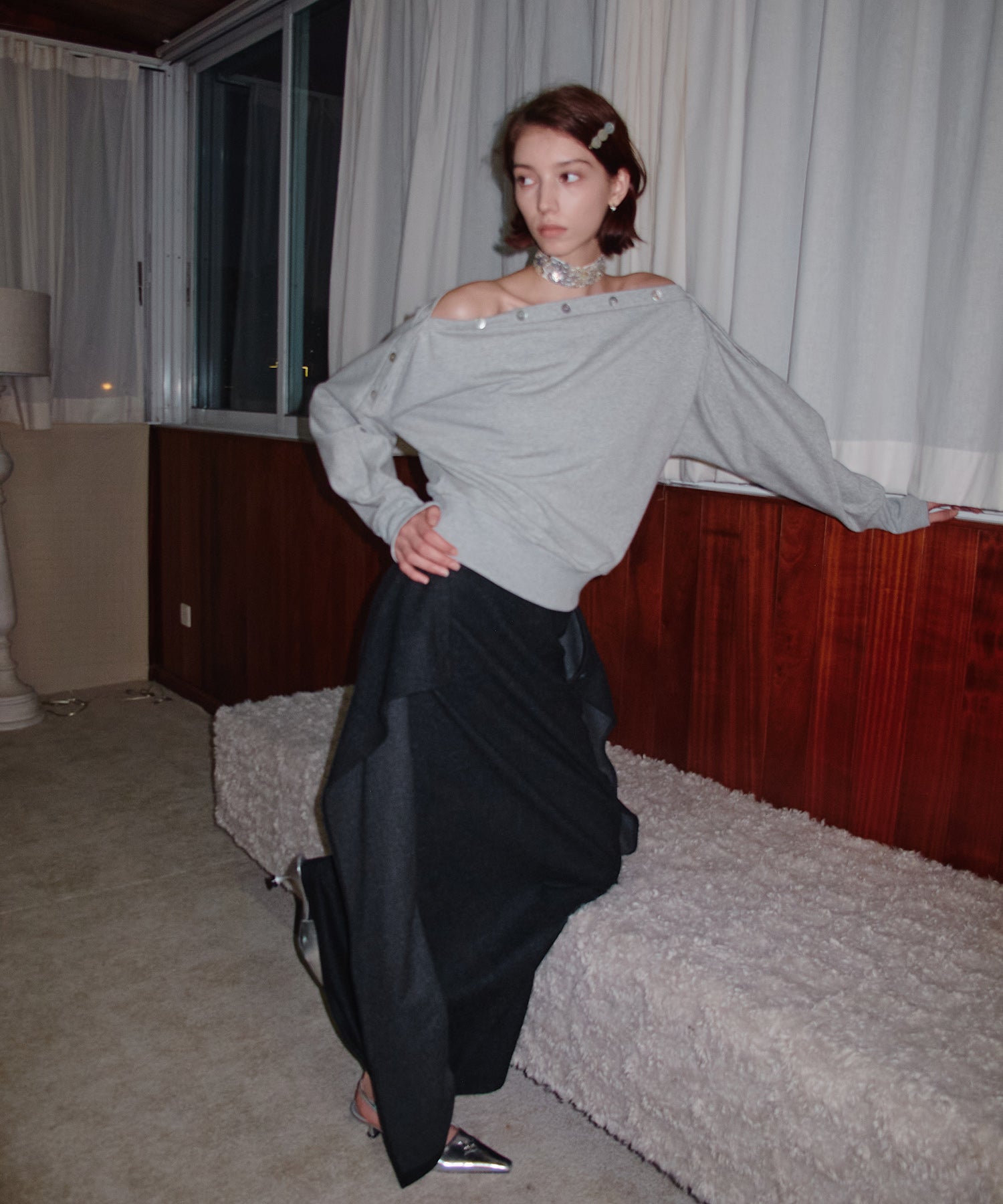 Adjustable Neck Shell Button Batwing Sleeve Lightweight Sweatshirt