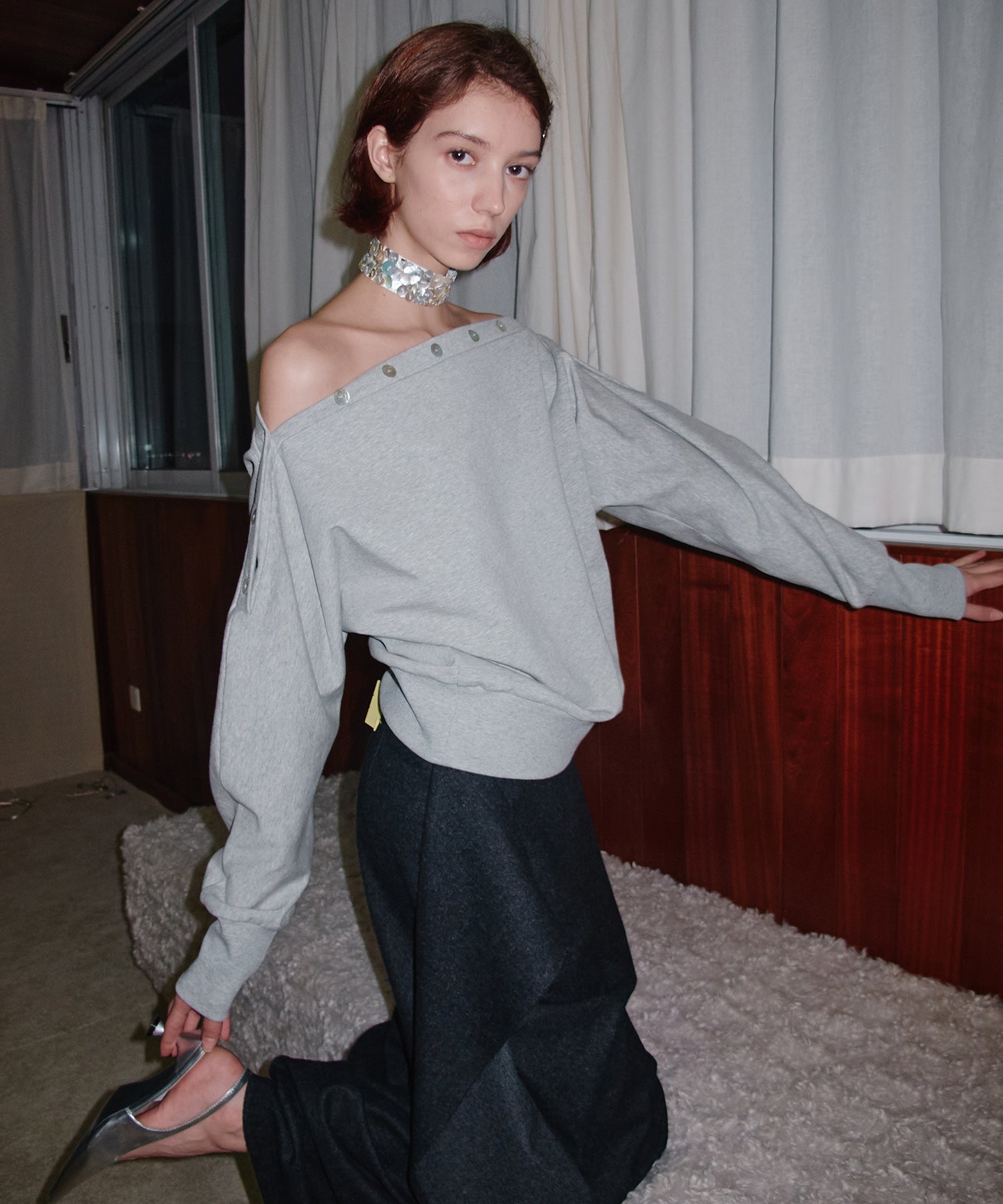 Adjustable Neck Shell Button Batwing Sleeve Lightweight Sweatshirt