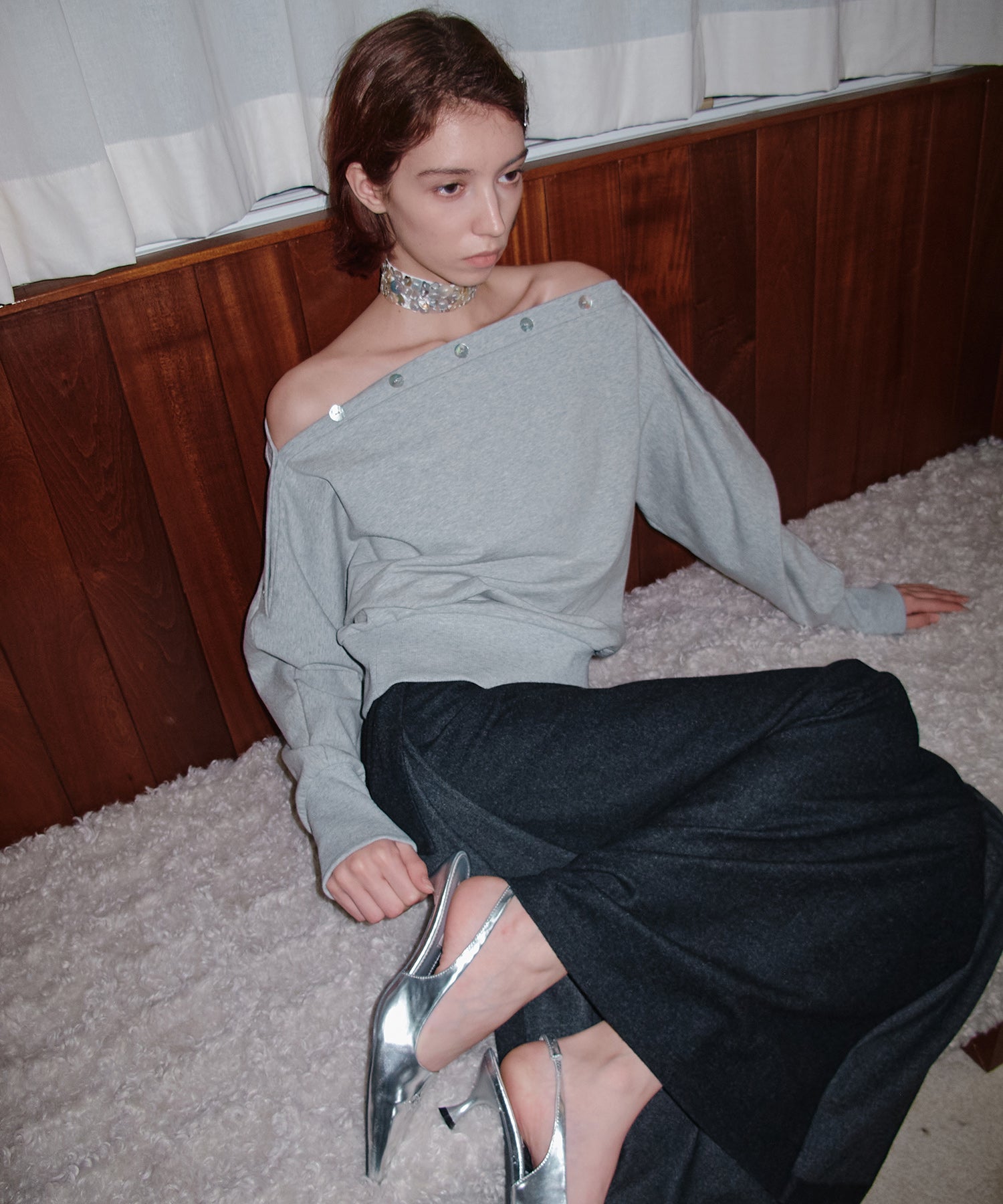 Adjustable Neck Shell Button Batwing Sleeve Lightweight Sweatshirt