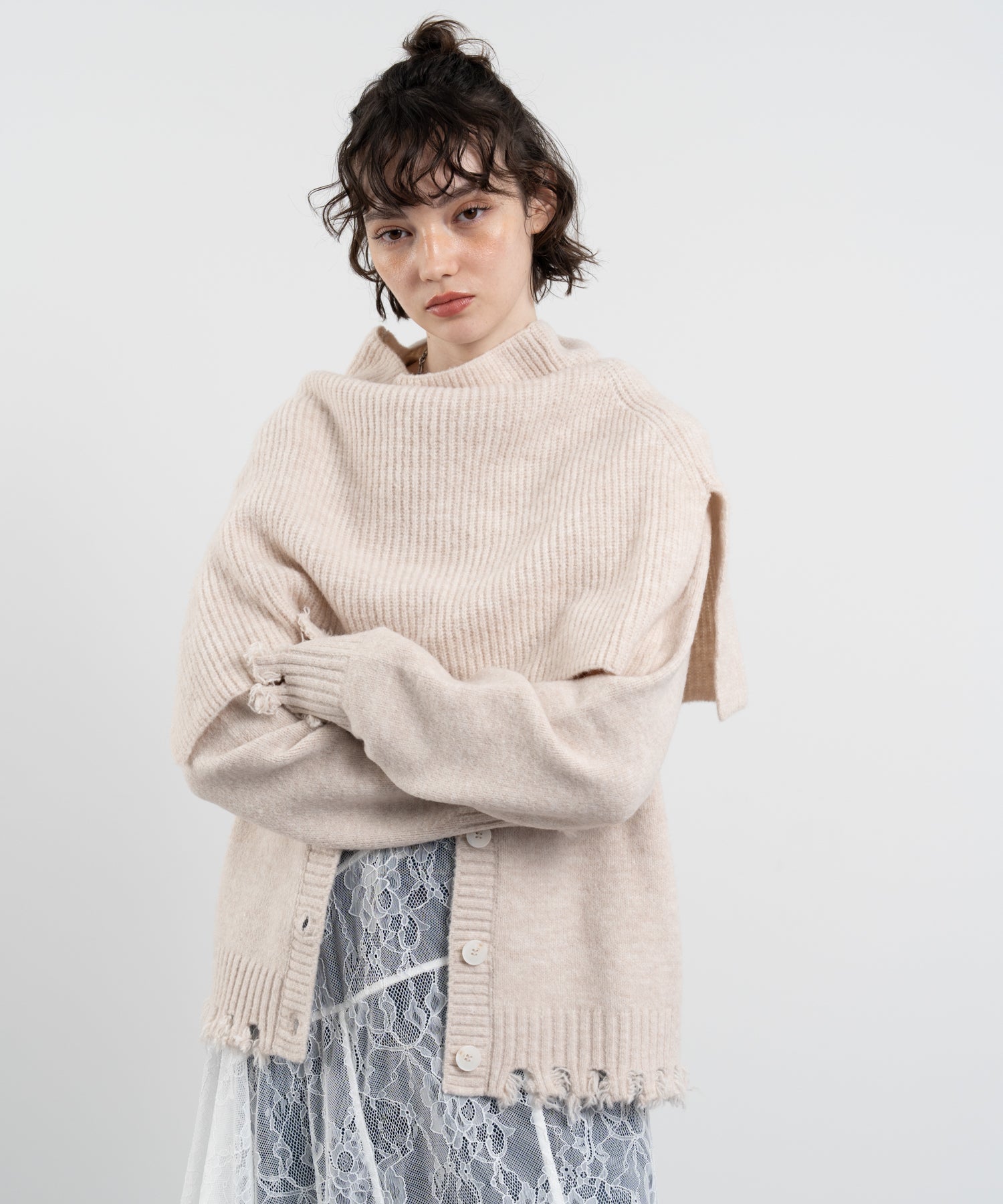 Snood Distressed Hem Cardigan