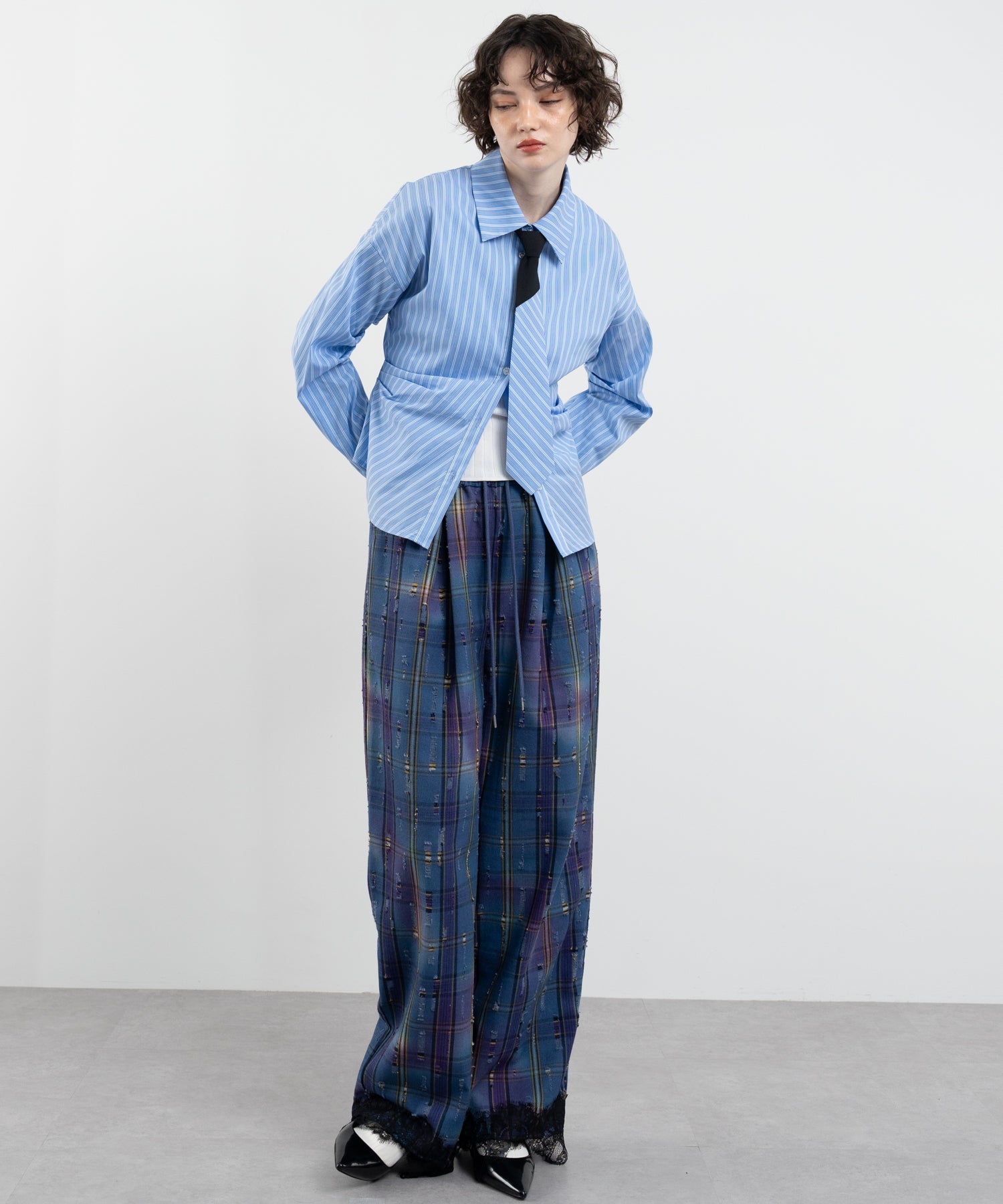 Plaid Pants with Distressed Details &amp; Lace Docking