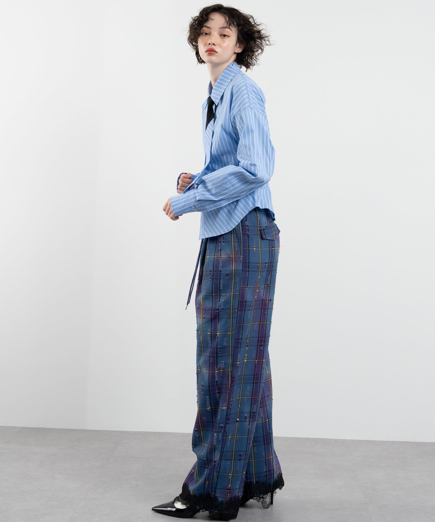Plaid Pants with Distressed Details &amp; Lace Docking