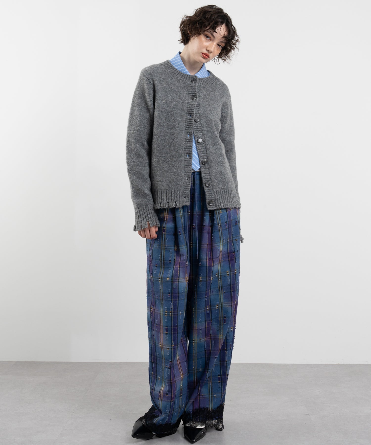 Plaid Pants with Distressed Details &amp; Lace Docking