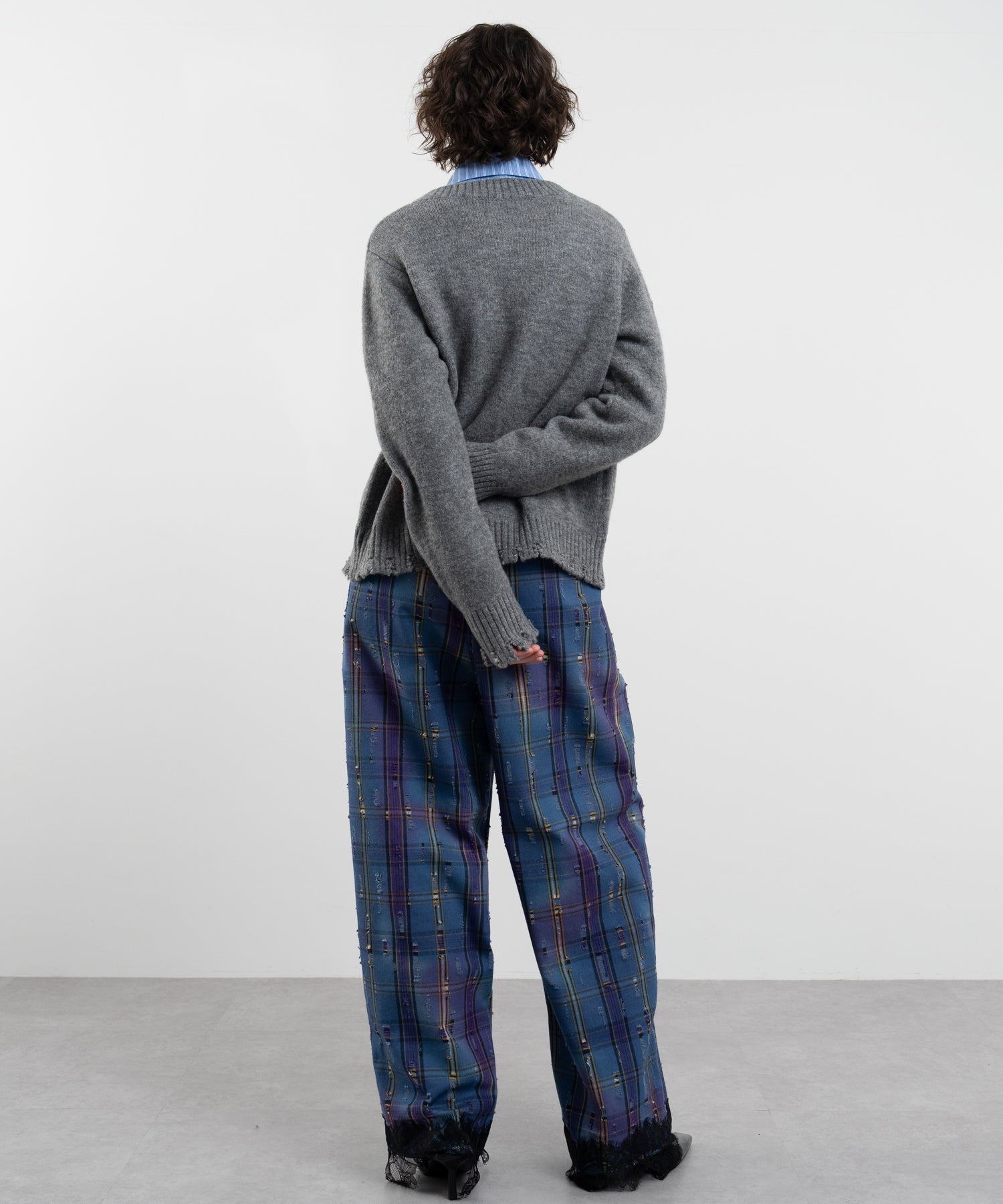 Plaid Pants with Distressed Details &amp; Lace Docking
