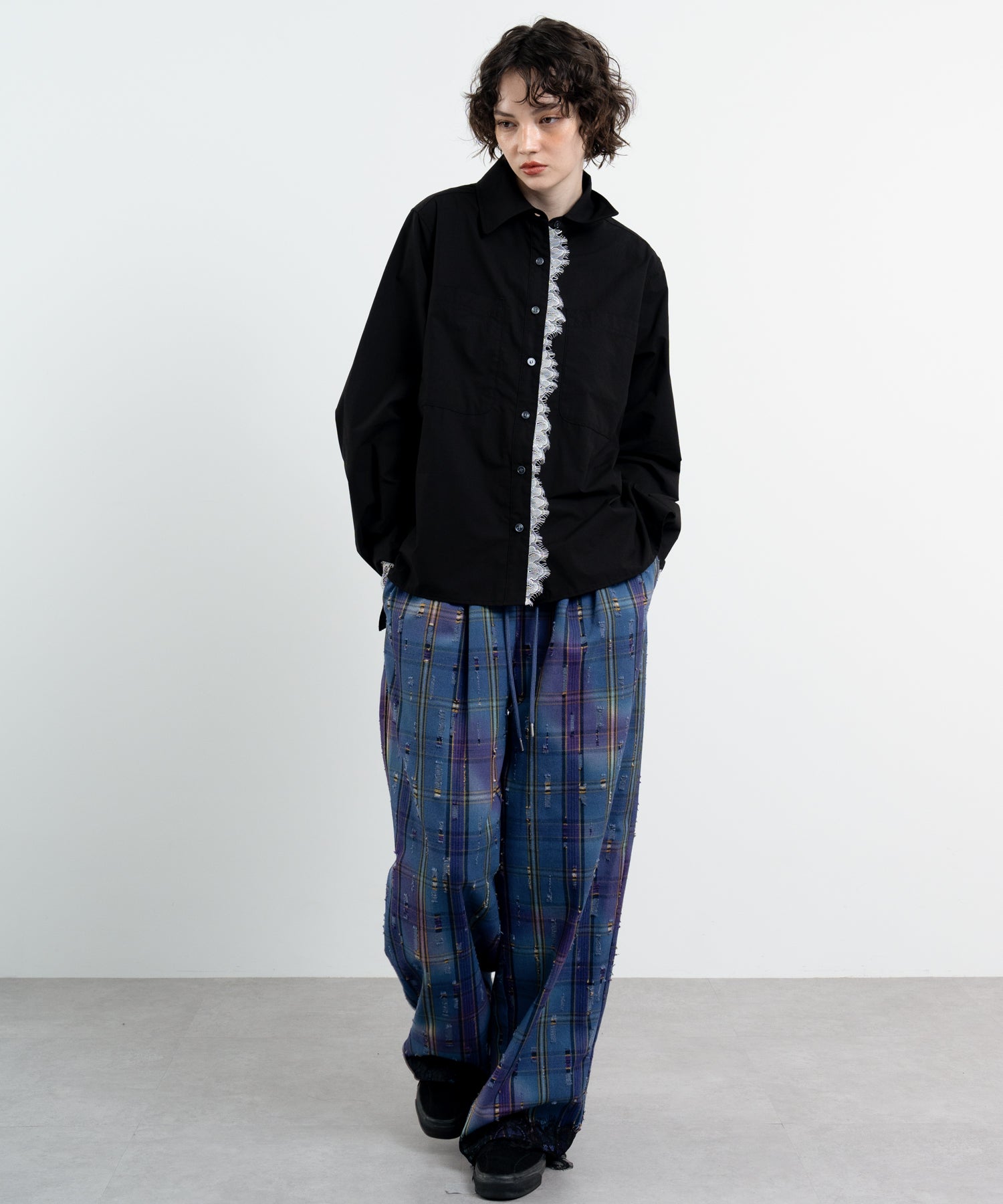 Plaid Pants with Distressed Details &amp; Lace Docking