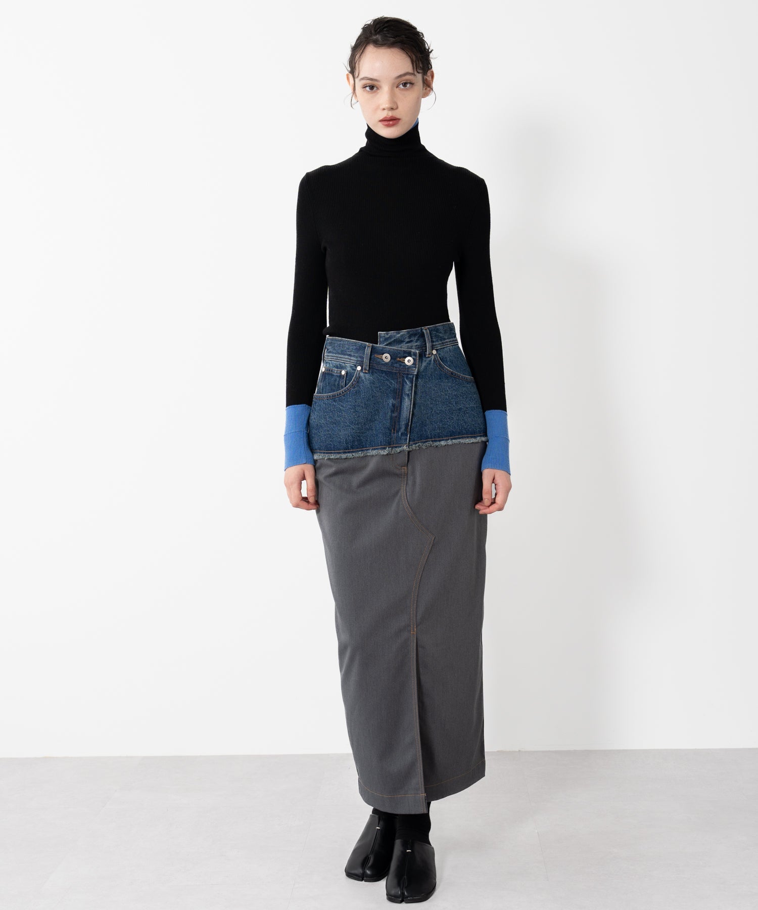 Color Block Rib Knit High Neck Wool Top