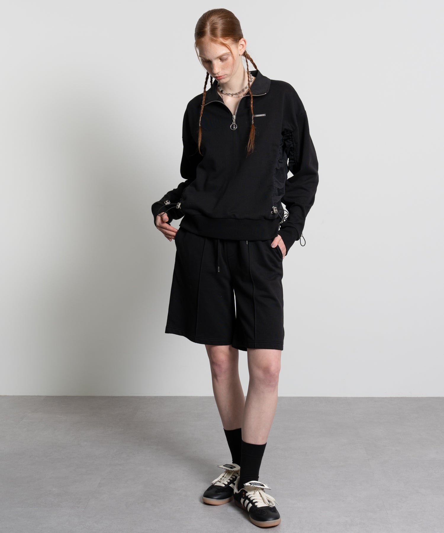 Gathered Sleeve Half-Zip Pullover