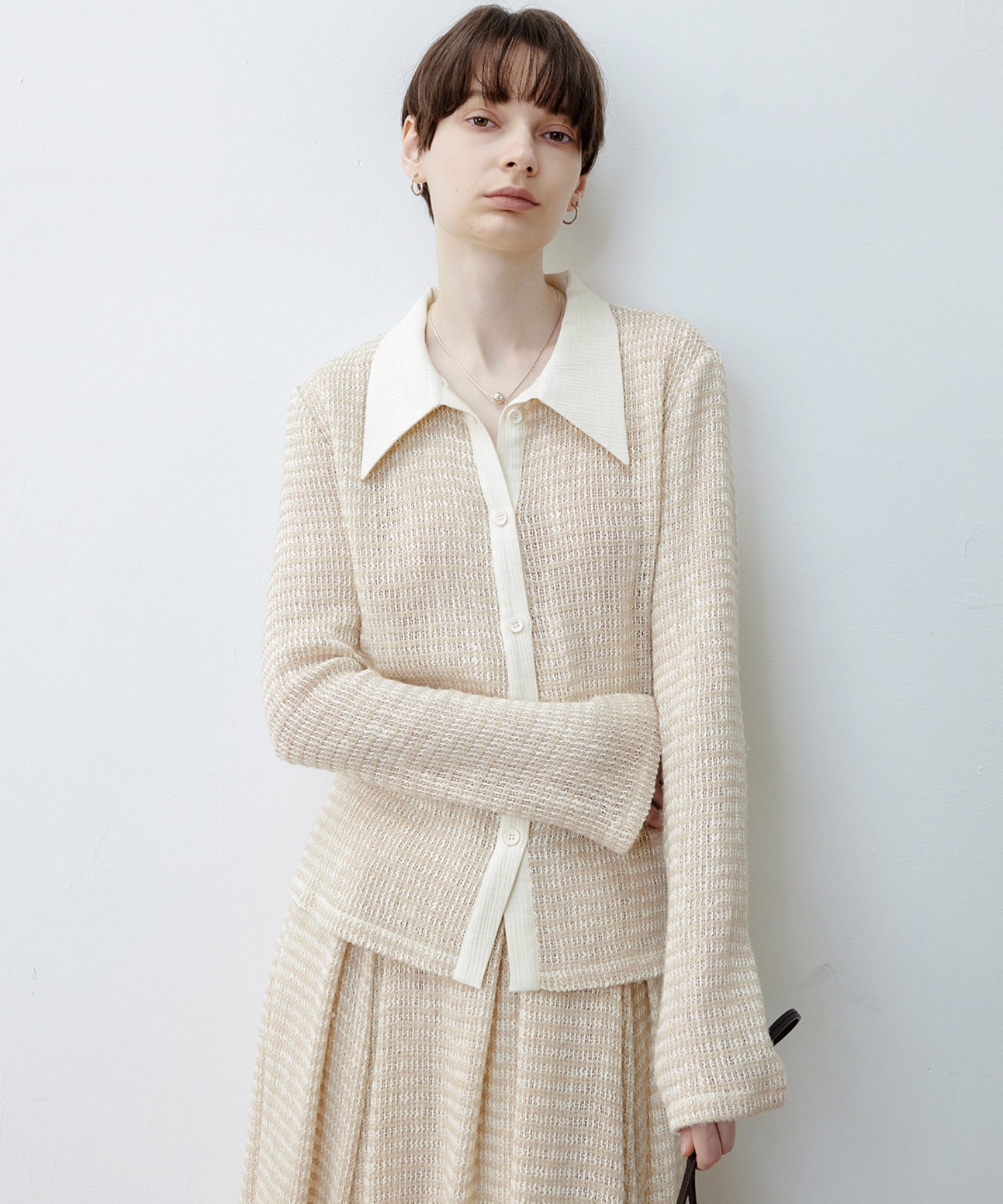 Fuzzy Texture & Sheer Pattern Shirt with Contrast Pointed Collar