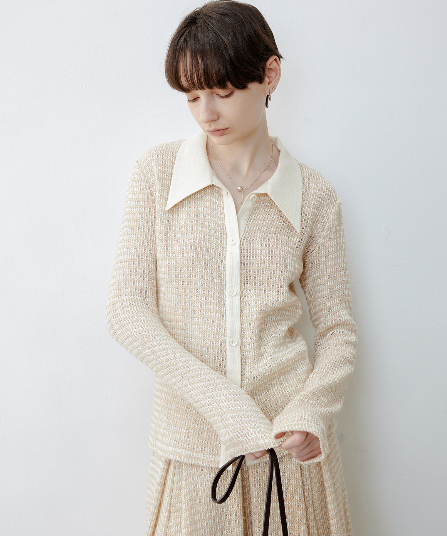 Fuzzy Texture & Sheer Pattern Shirt with Contrast Pointed Collar
