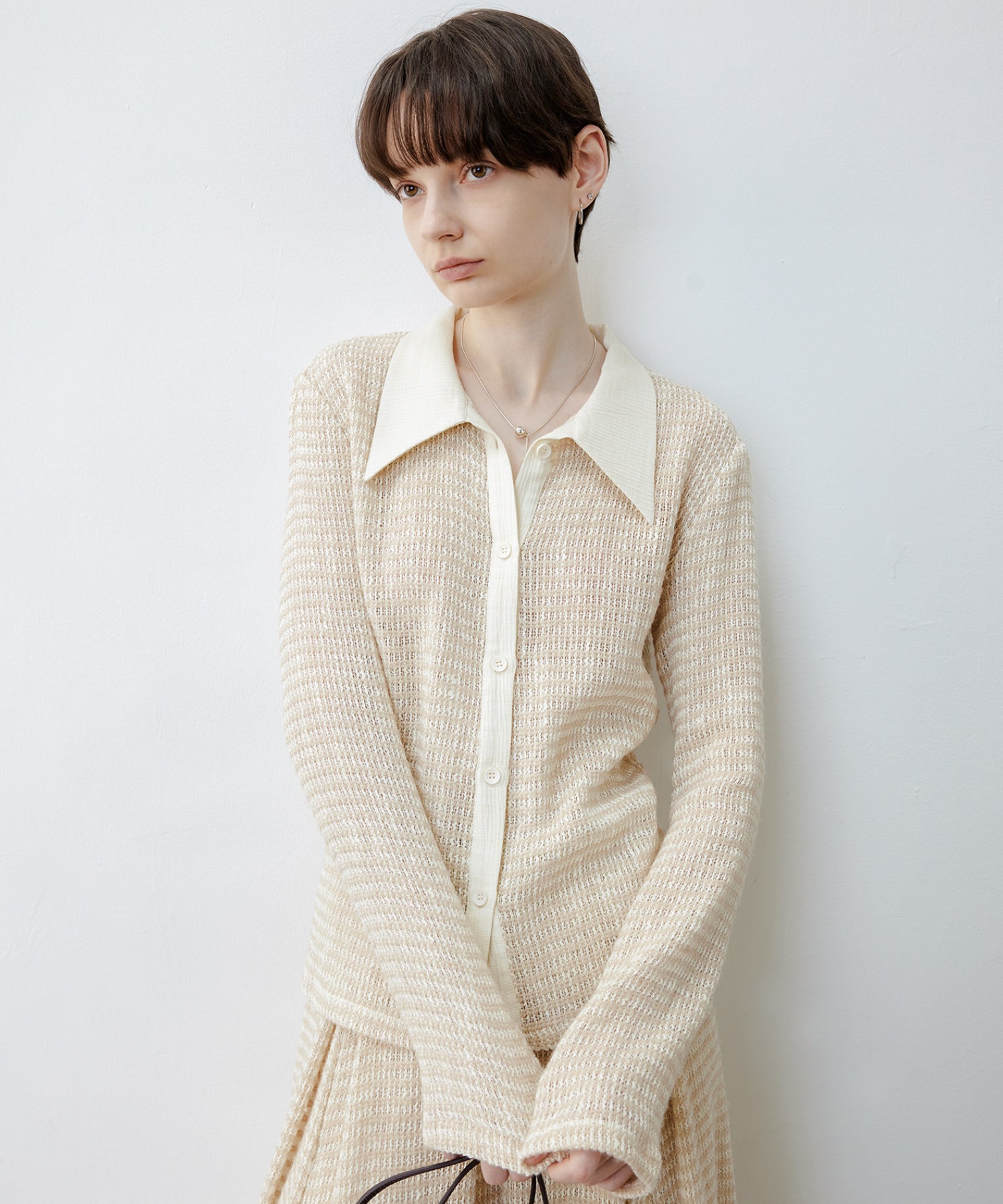 Fuzzy Texture & Sheer Pattern Shirt with Contrast Pointed Collar